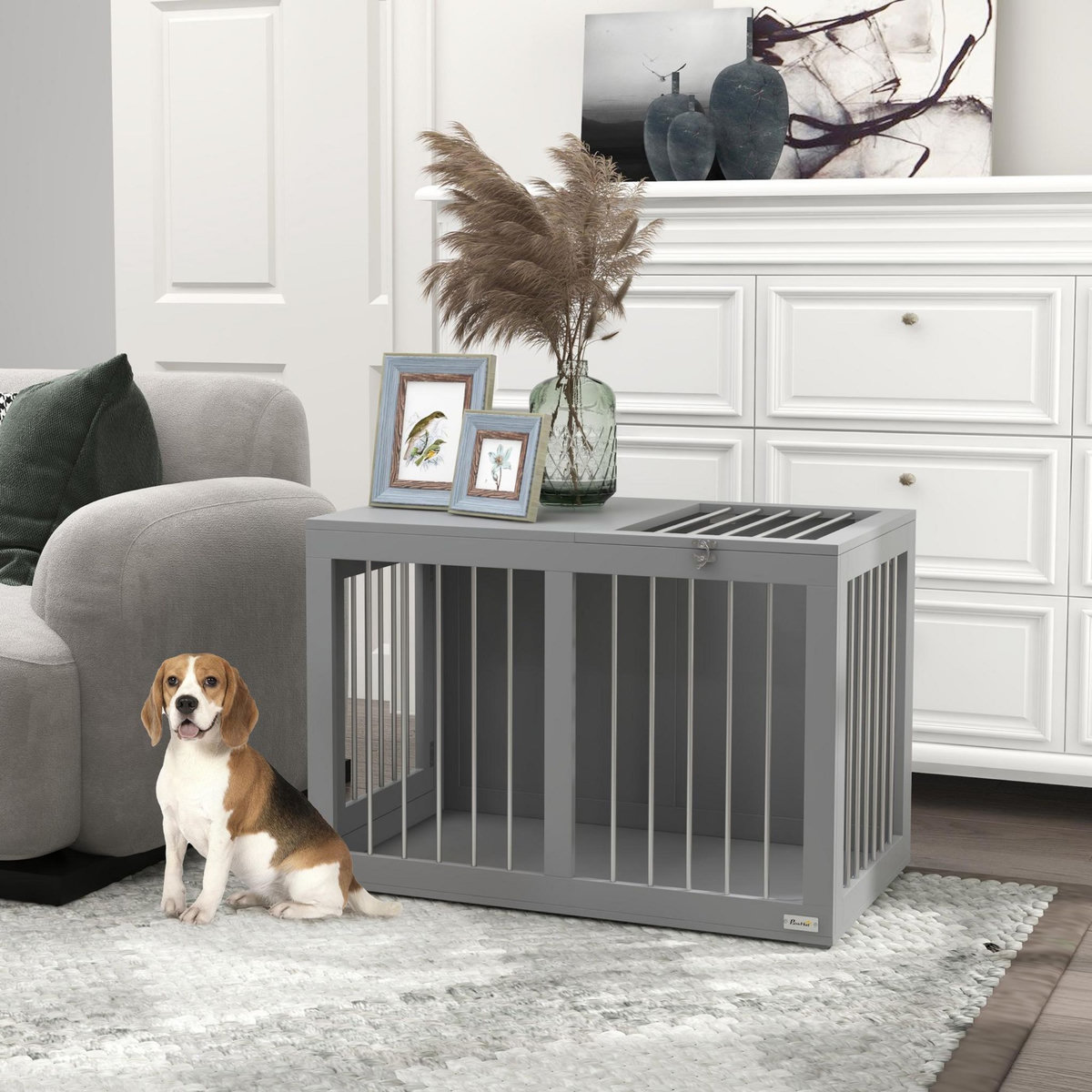 PAWHUT Cage chien intérieure niche pour chien 2 portes verrouillables 80 x 50 x 56,5 cm gris