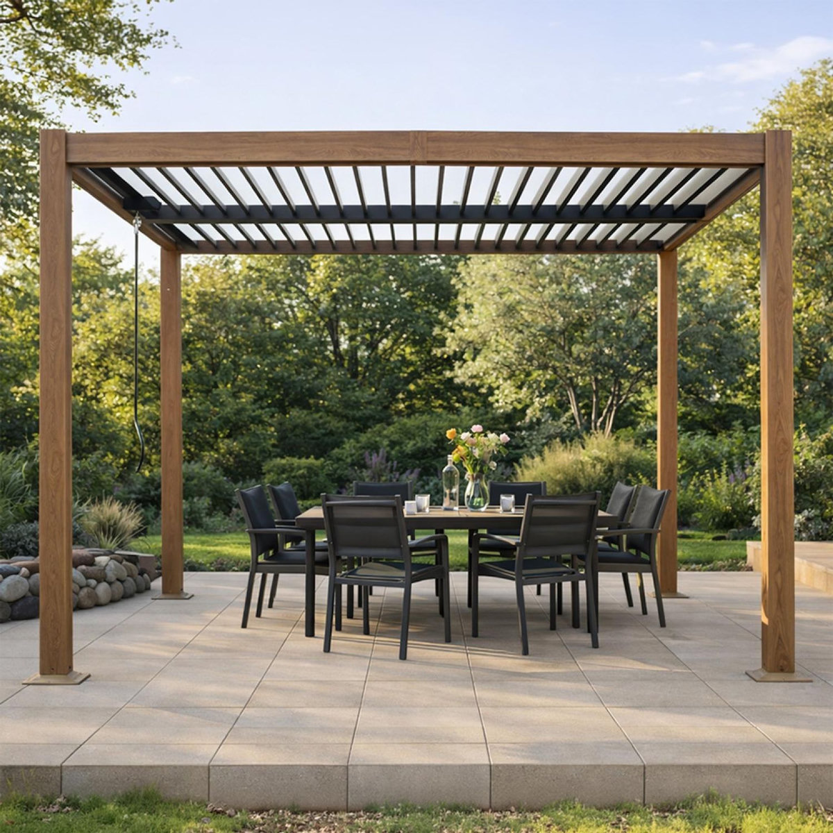 CONCEPT USINE Pergola bioclimatique effet bois structure et lames orientables en aluminium 3x3m RHODES