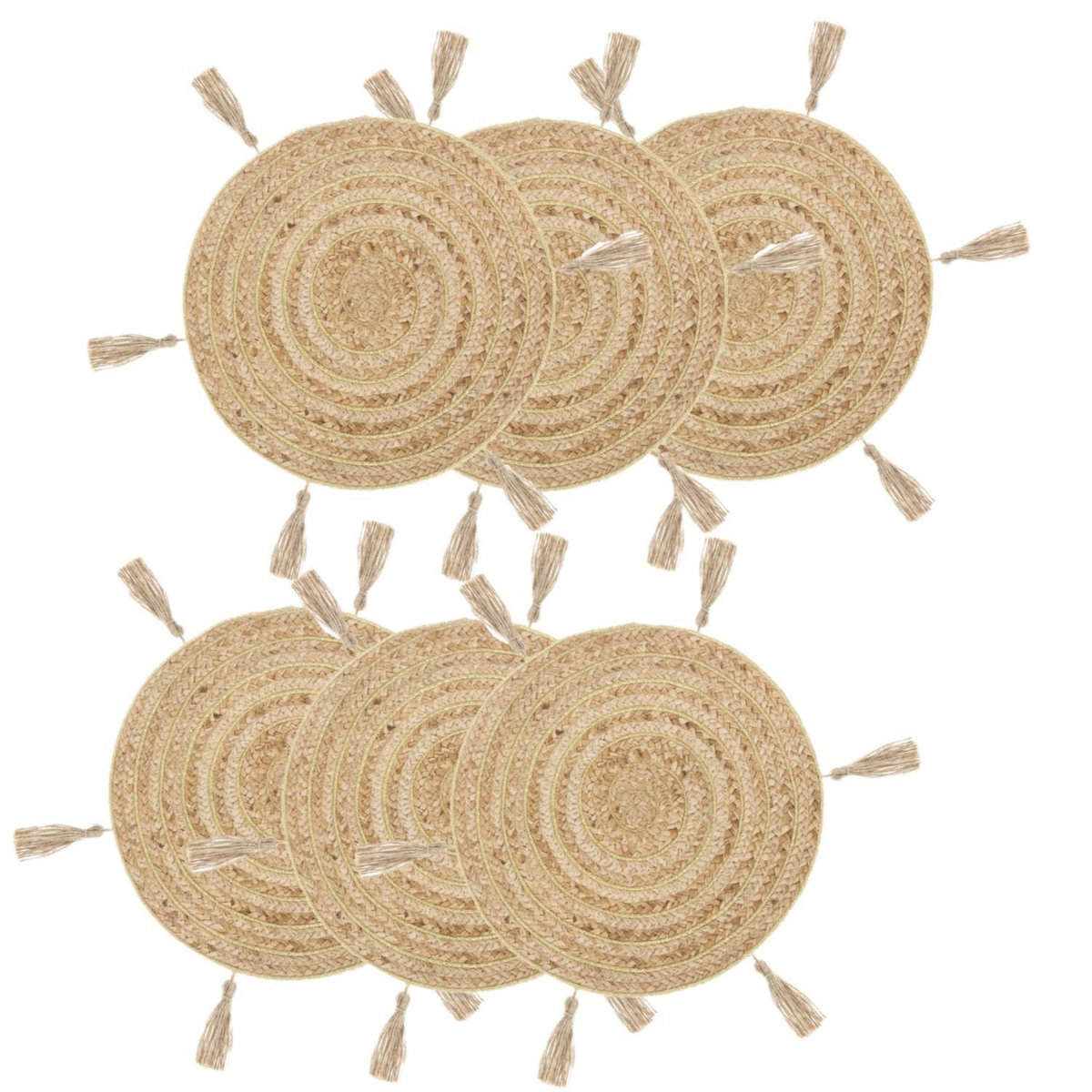 TOILINUX Lot de 6 sets de table en jute avec pompons - Diamètre 38 cm - Beige