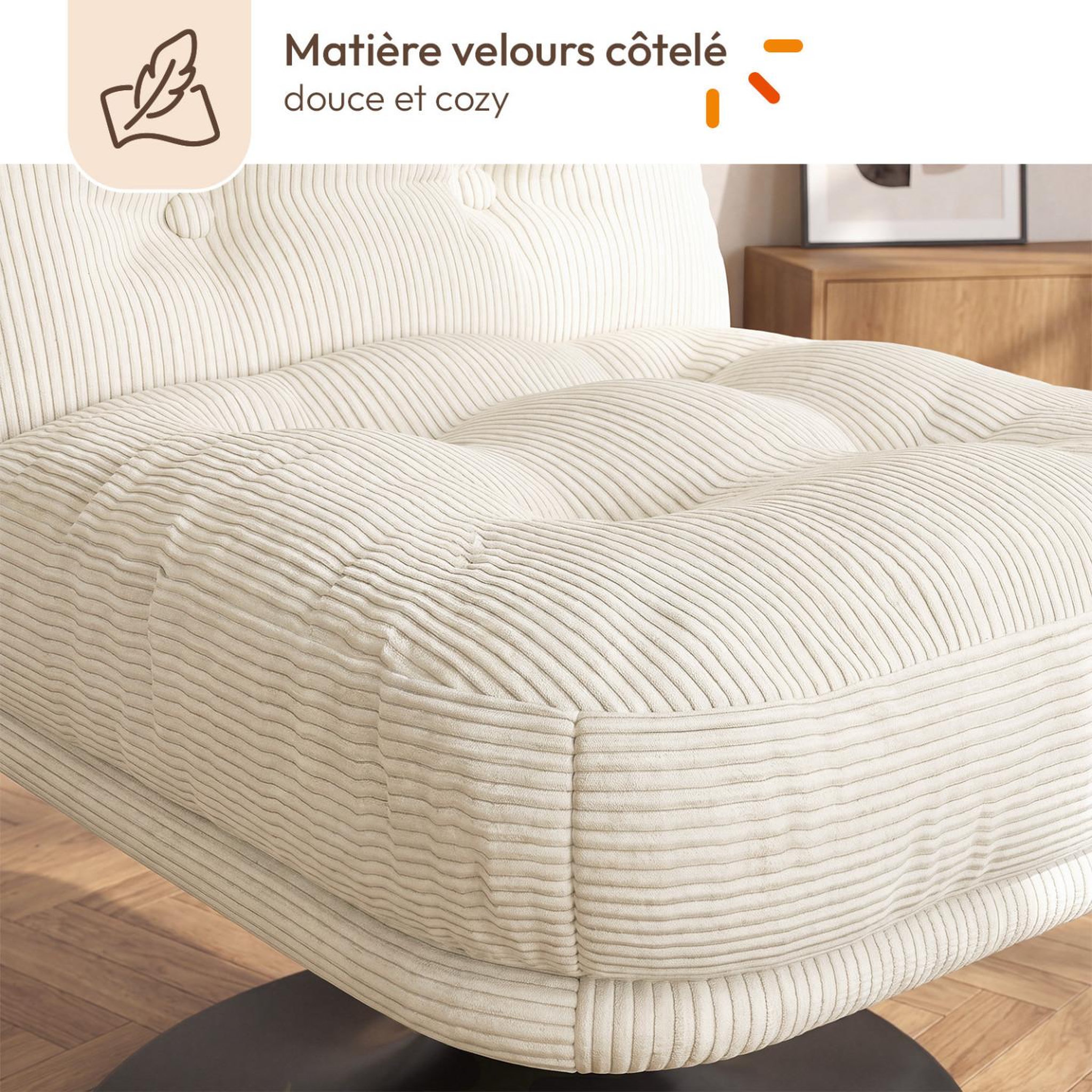 Voir la diapositive 4 : ID MARKET Fauteuil pivotant ALFRED en velours côtelé beige pied tulipe métal noir