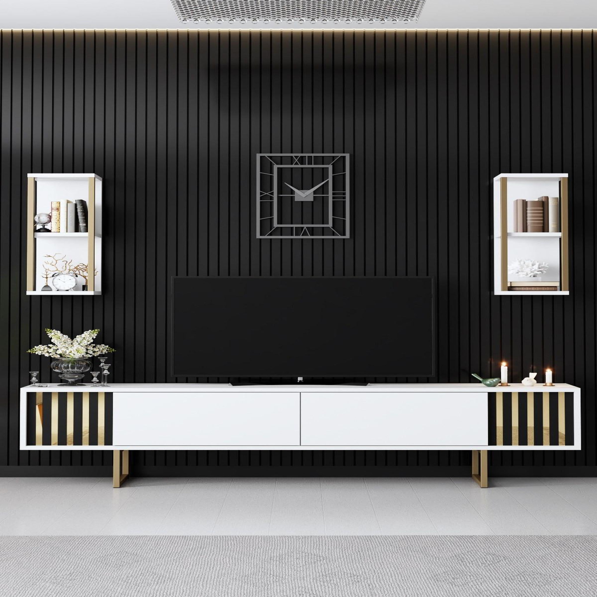 Voir la diapositive 3 : Habitat et Jardin Meuble tv en bois  gold line  - 180 x 30 x 48 cm - blancnoir