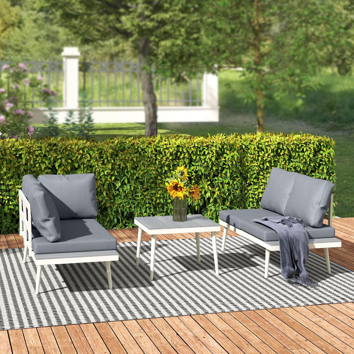 OUTSUNNY Ensemble salon de jardin modulable 4 personnes 3 pièces design métal crème coussins gris