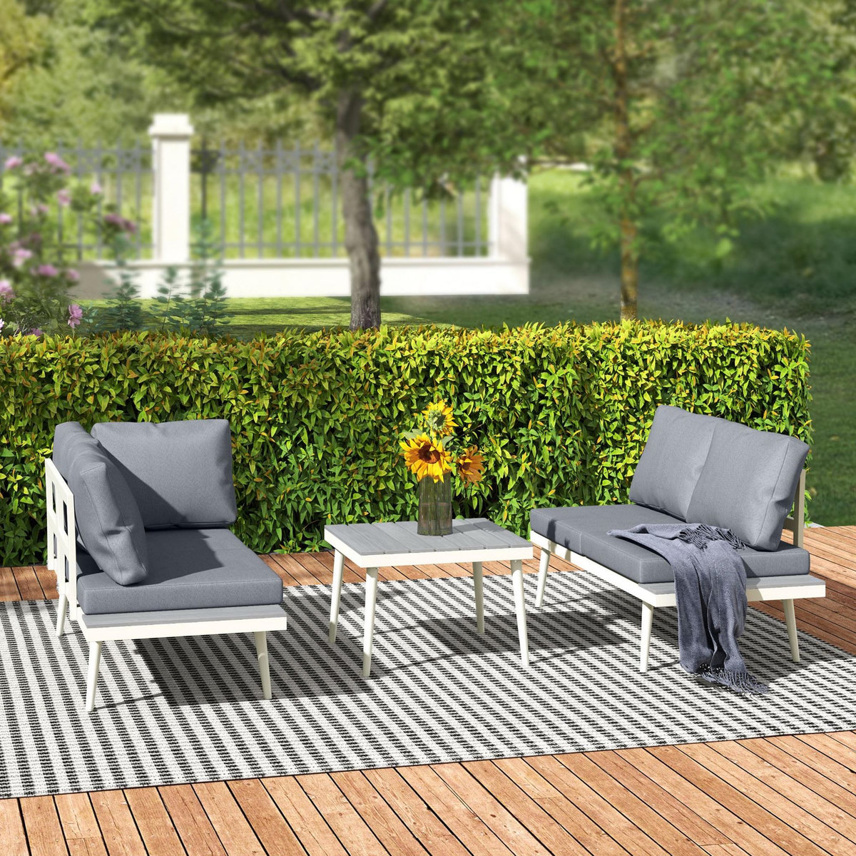 OUTSUNNY Ensemble salon de jardin modulable 4 personnes 3 pièces design métal crème coussins gris