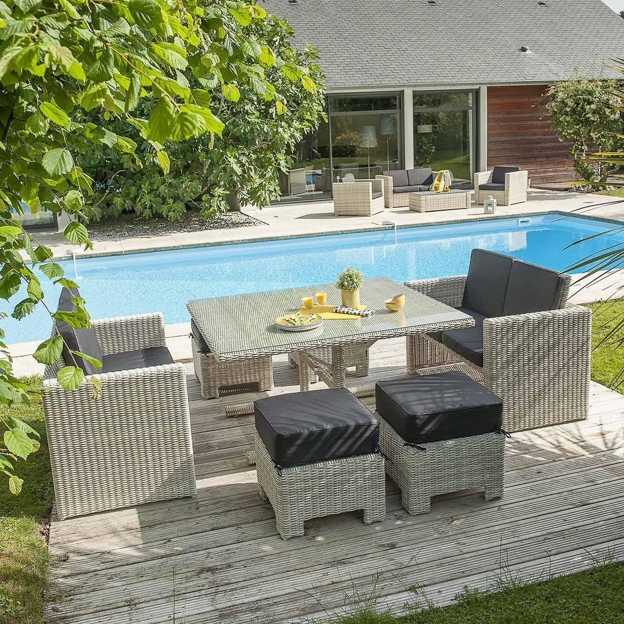 Voir la diapositive 2 : DCB GARDEN Ensemble Repas de Jardin 8 Places  Oceane Lunch  143cm Crème