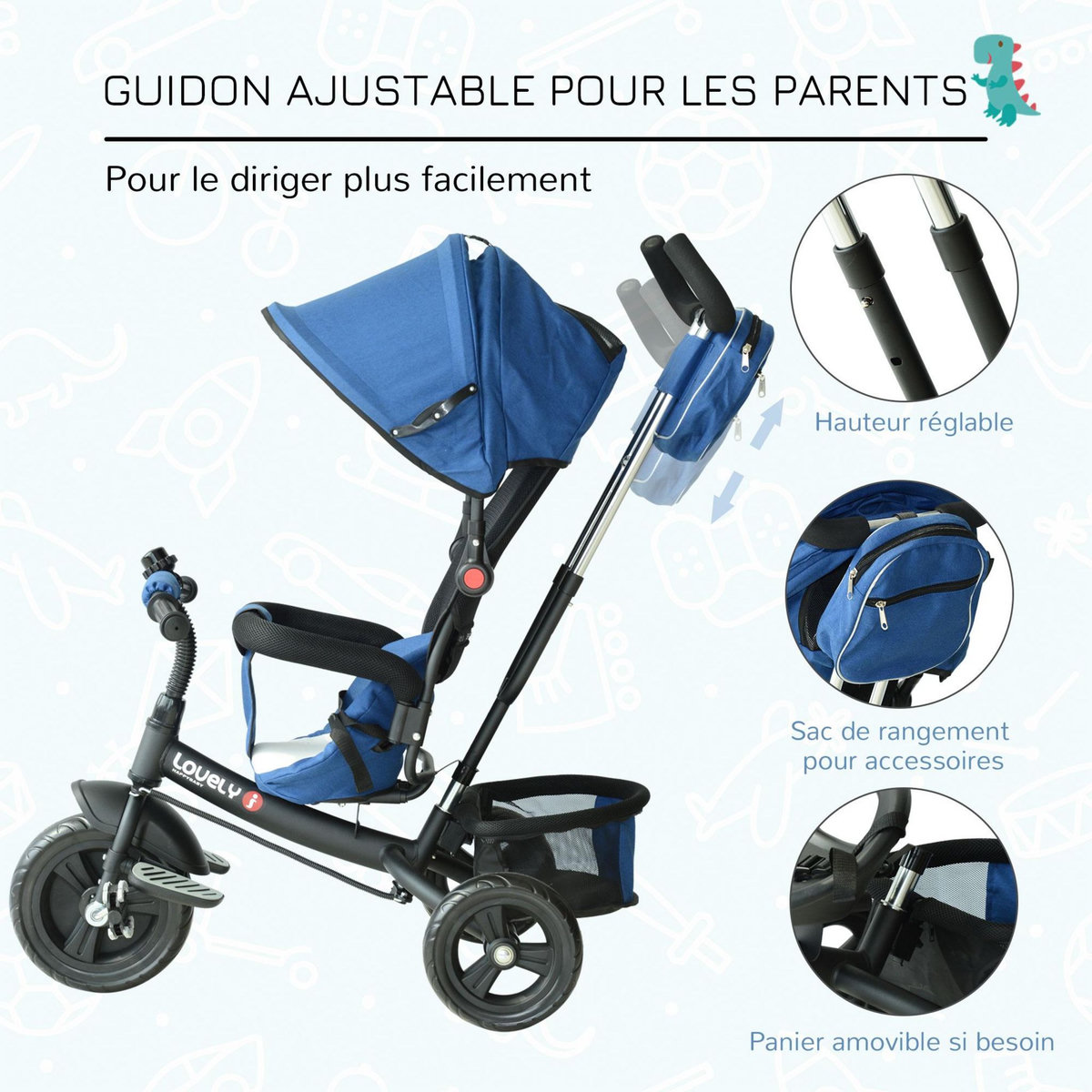 HOMCOM Tricycle enfants évolutif canne  et pare-soleil pliable amovible sacoche et panier 102 x 49l x 102 cm acier bleu