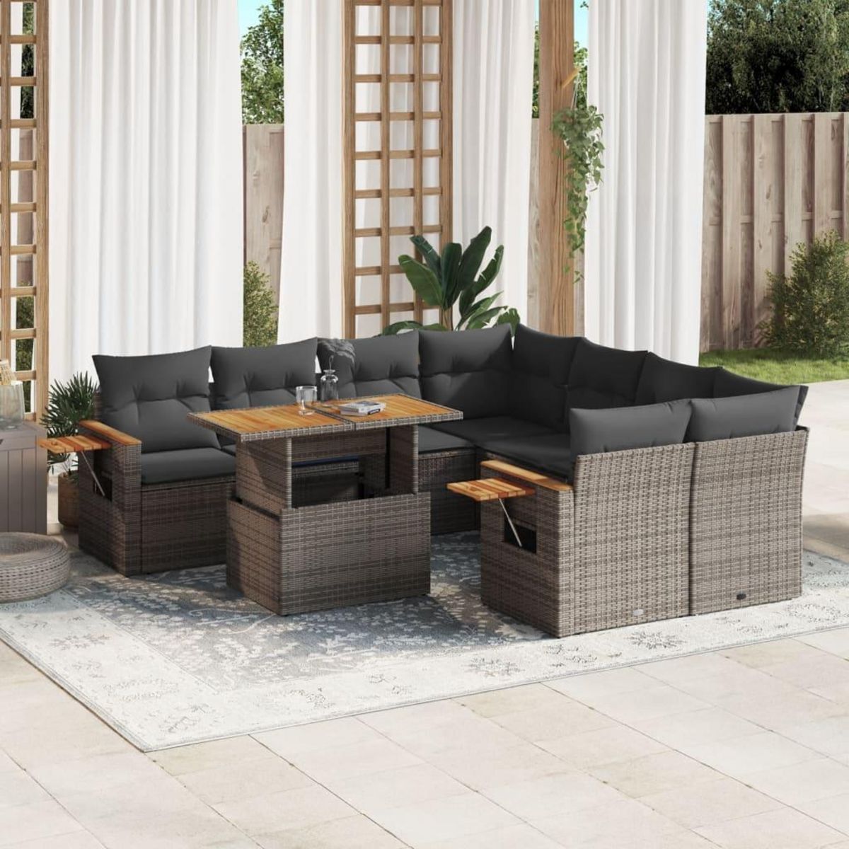 VIDAXL Salon de jardin 9 pcs avec coussins gris resine tressee