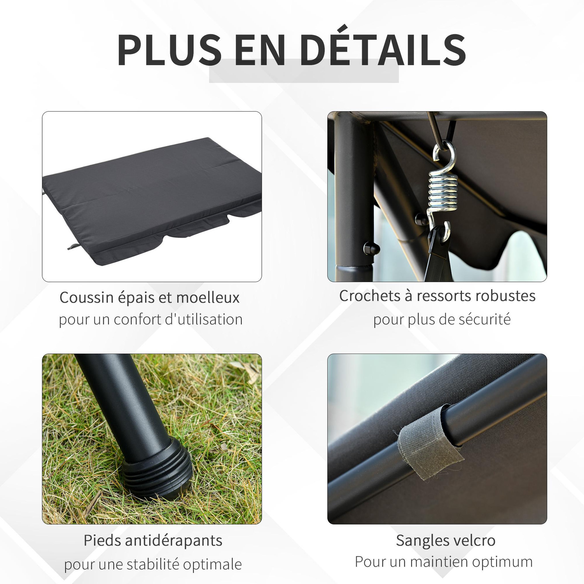 Voir la diapositive 6 : OUTSUNNY Balancelle de jardin convertible 3 places grand confort inclinaison toit réglable matelas fourni 2L x 1,25l x 1,7H m métal polyester noir anthracite