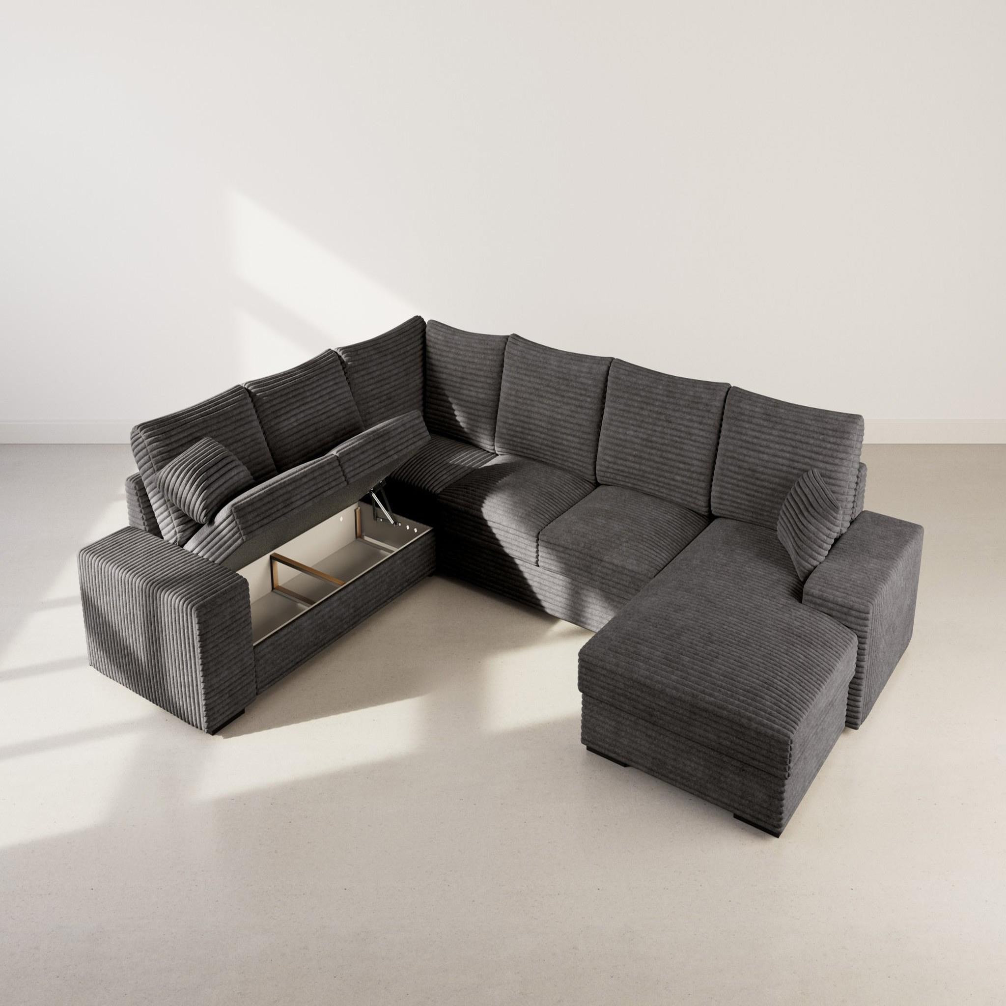 Voir la diapositive 3 : BEST MOBILIER Lorie - canapé panoramique d'angle gauche 7 places convertible en velours côtelé grosse côte avec coffre