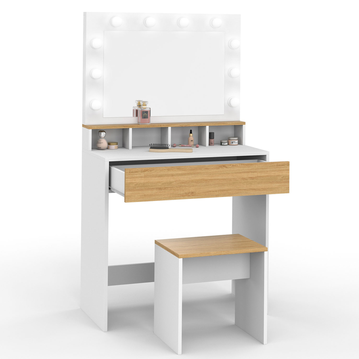 ID MARKET Coiffeuse ZELIA blanc et hêtre miroir LED avec 4 niches, 1 tiroir et tabouret