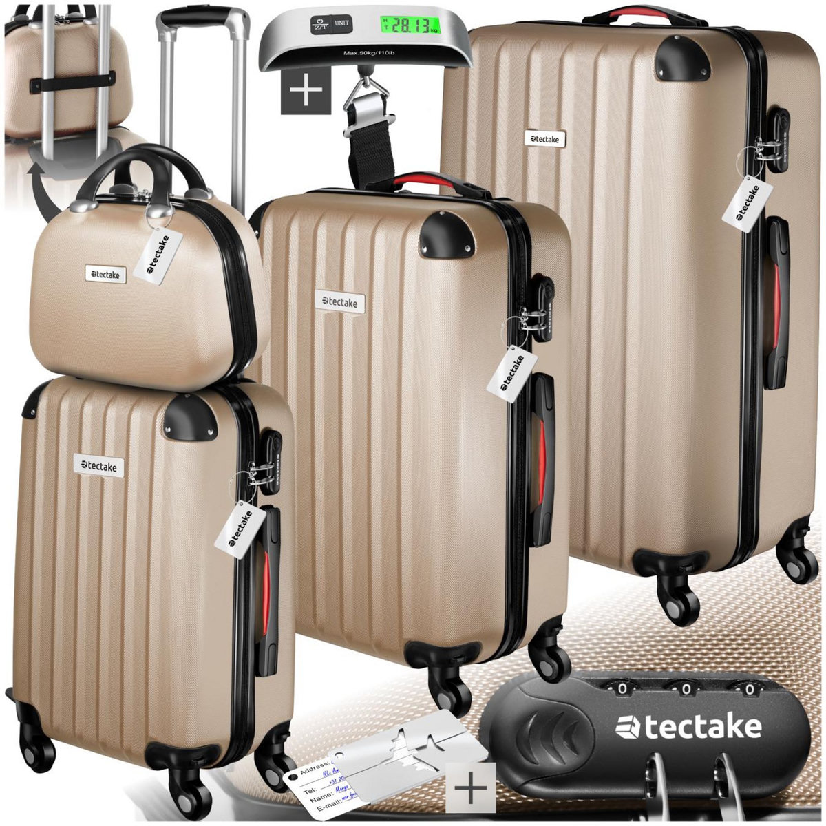 tectake Set de valises rigides 4 pièces, 3 Trolleys, 1 Vanity case, Balance et étiquette bagages inclus champagne