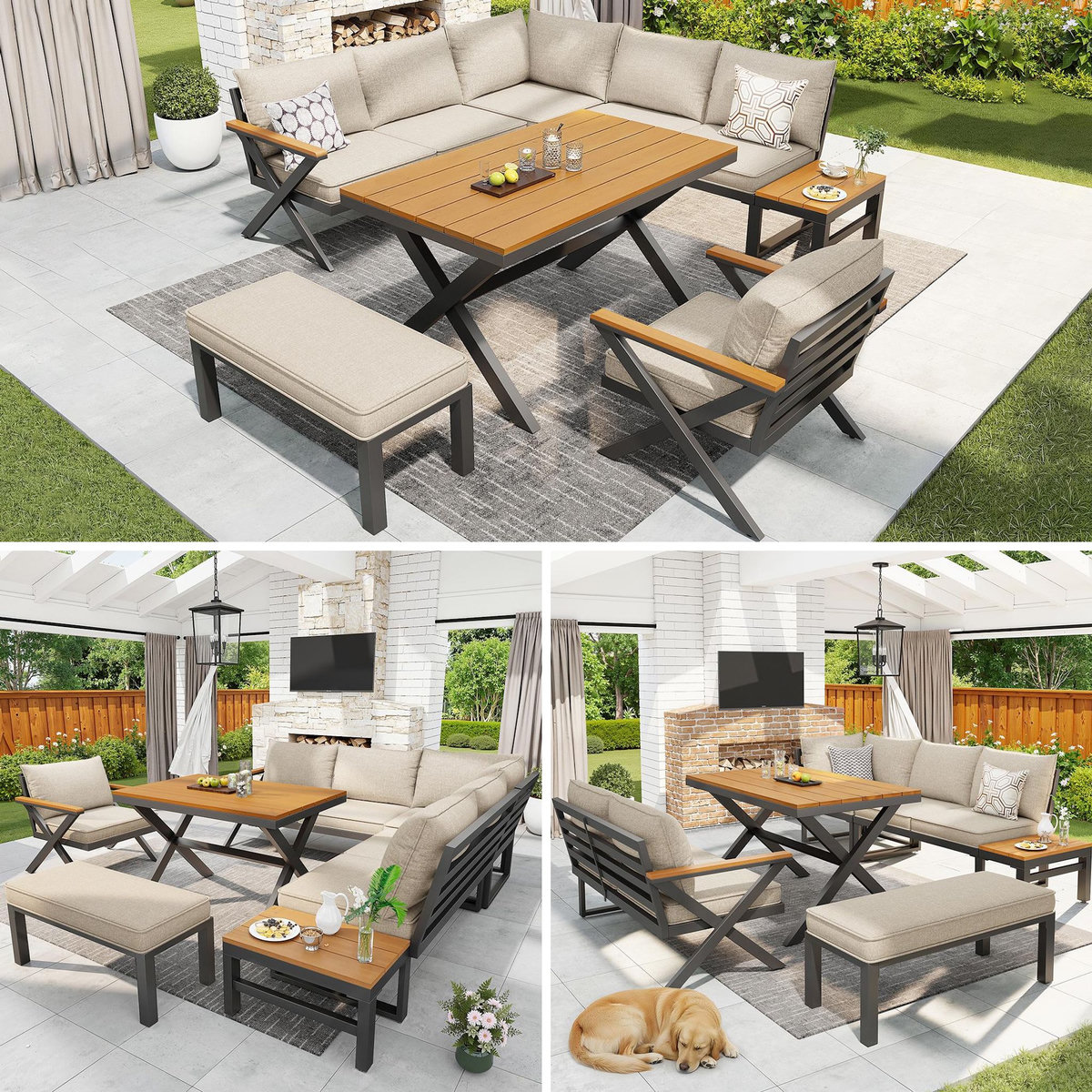 MERAX Salon de jardin modulaire 7 places en fer avec coussins de 10 cm et tables en bois
