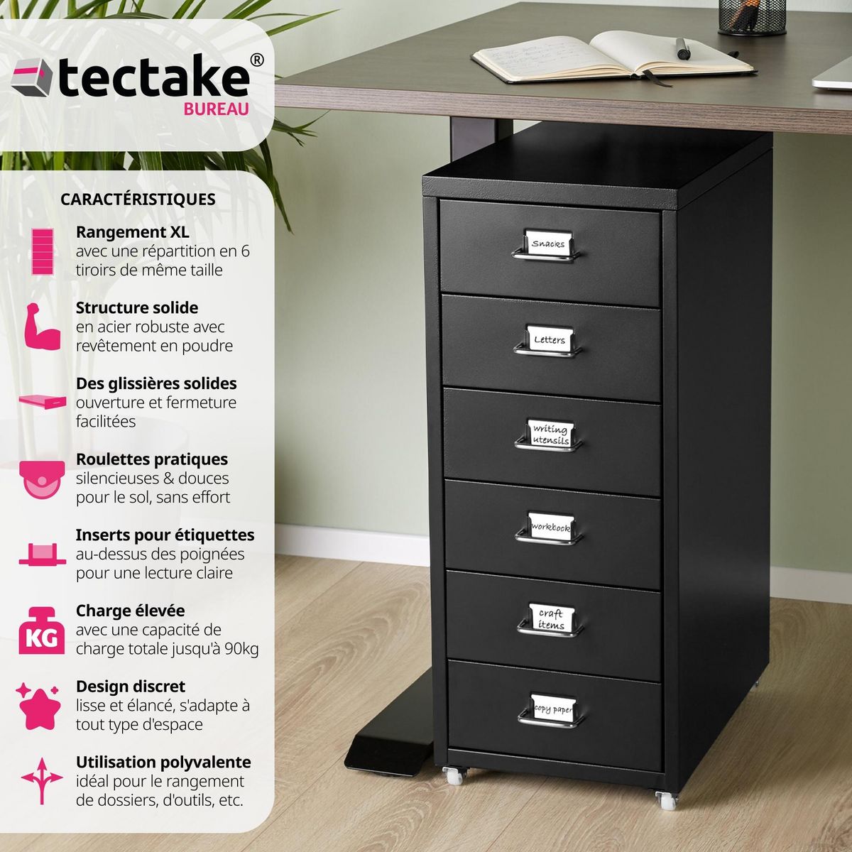 tectake Caisson de bureau à roulettes en métal en acier noir