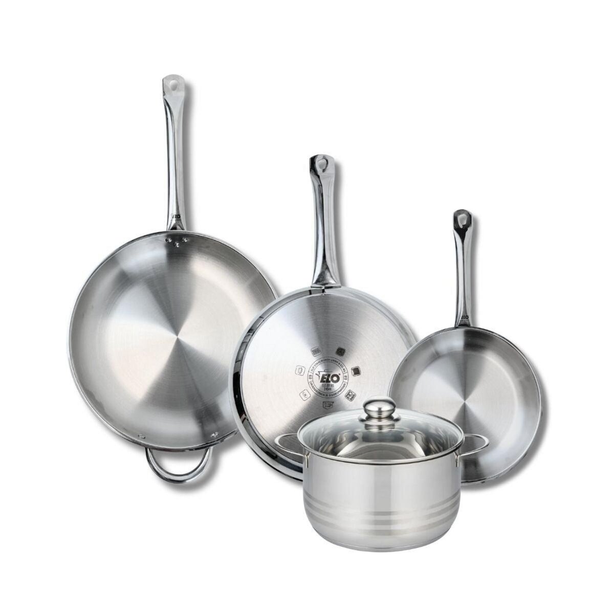 ELO Ensemble de 3 Poêles de cuisson 24, 28 et 32 cm et 1 faitout 20 cm Elo Profi Brillant
