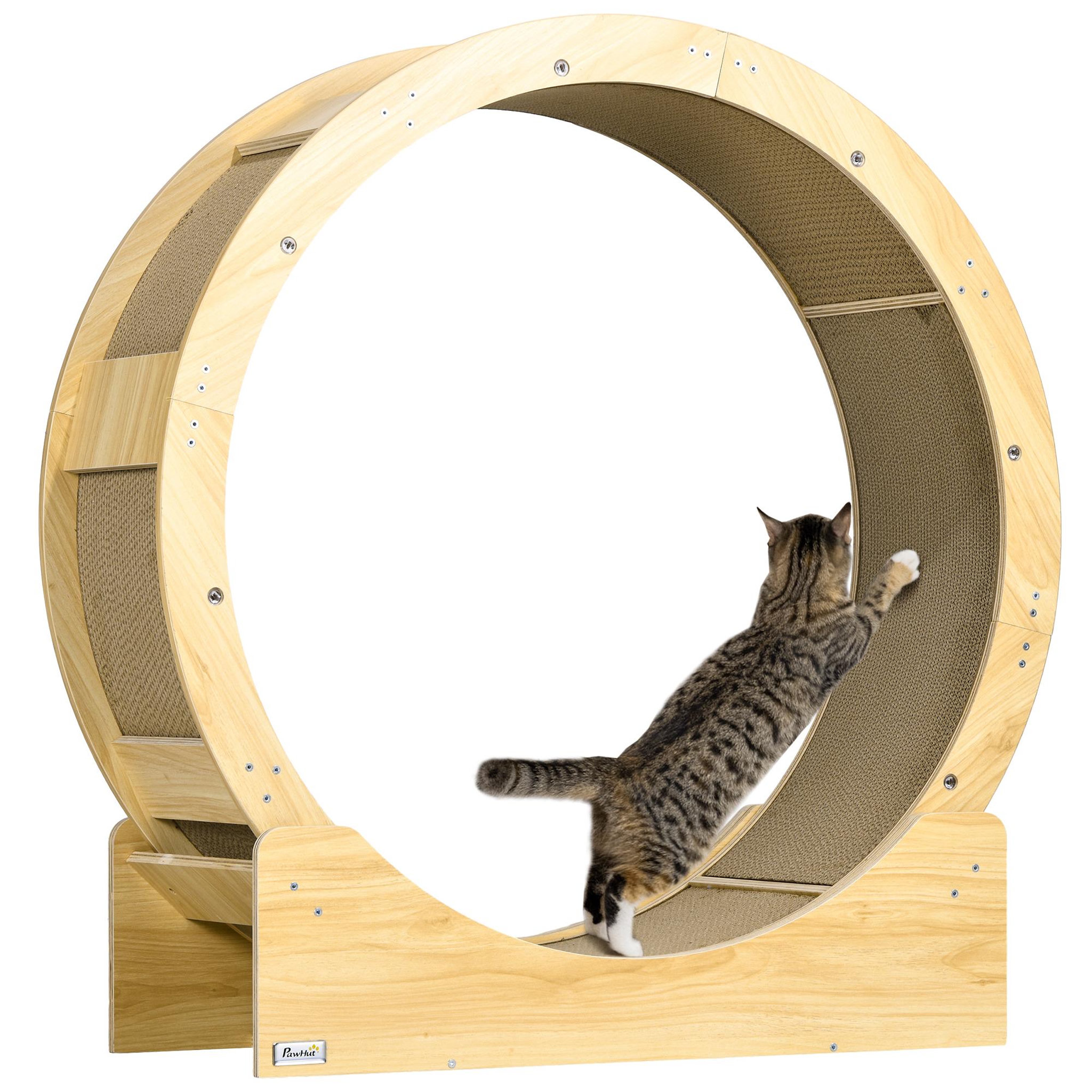 PAWHUT Roue d'exercice pour chat - frein, grattoirs - dim. 91l x 33,5p x 94h cm - aspect bois naturel