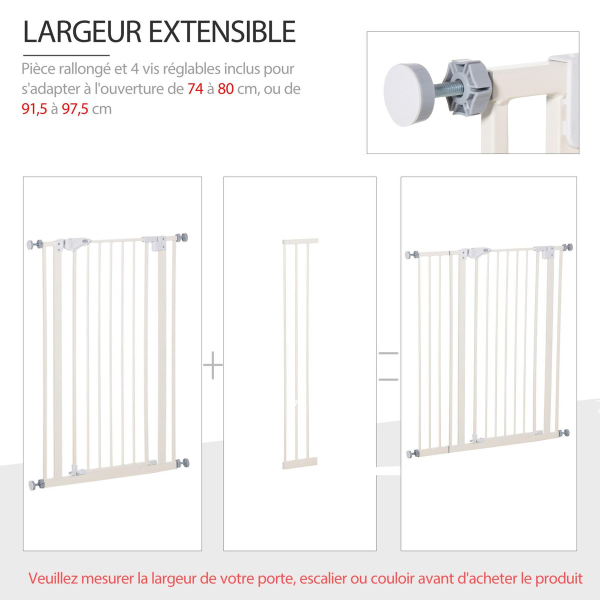 PAWHUT Barrière de sécurité longueur réglable dim. 74-84 cm ou 92-102 cm sans perçage métal plastique blanc