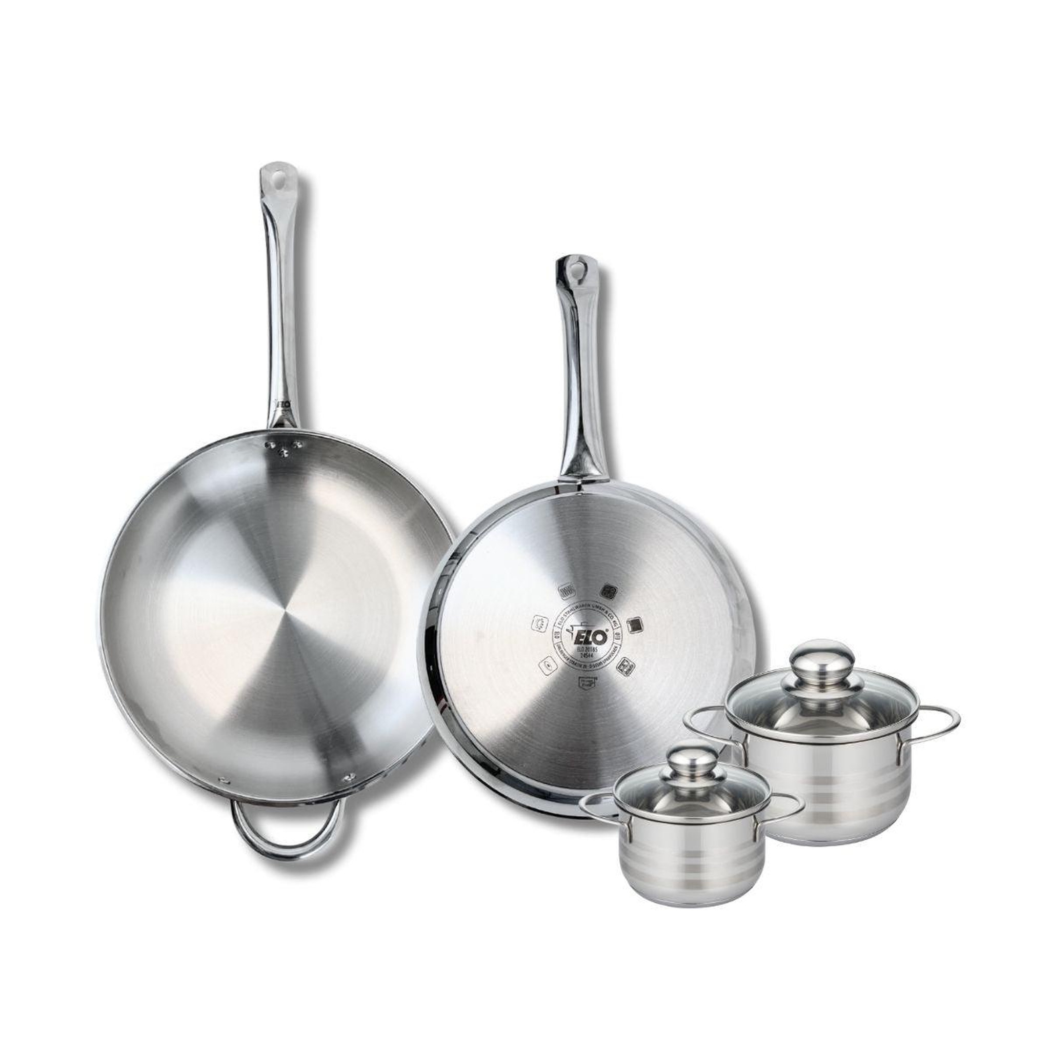 ELO Ensemble de 2 poêles de cuisson 28 et 32 cm et 2 faitouts 12 et 14 cm elo profi brillant