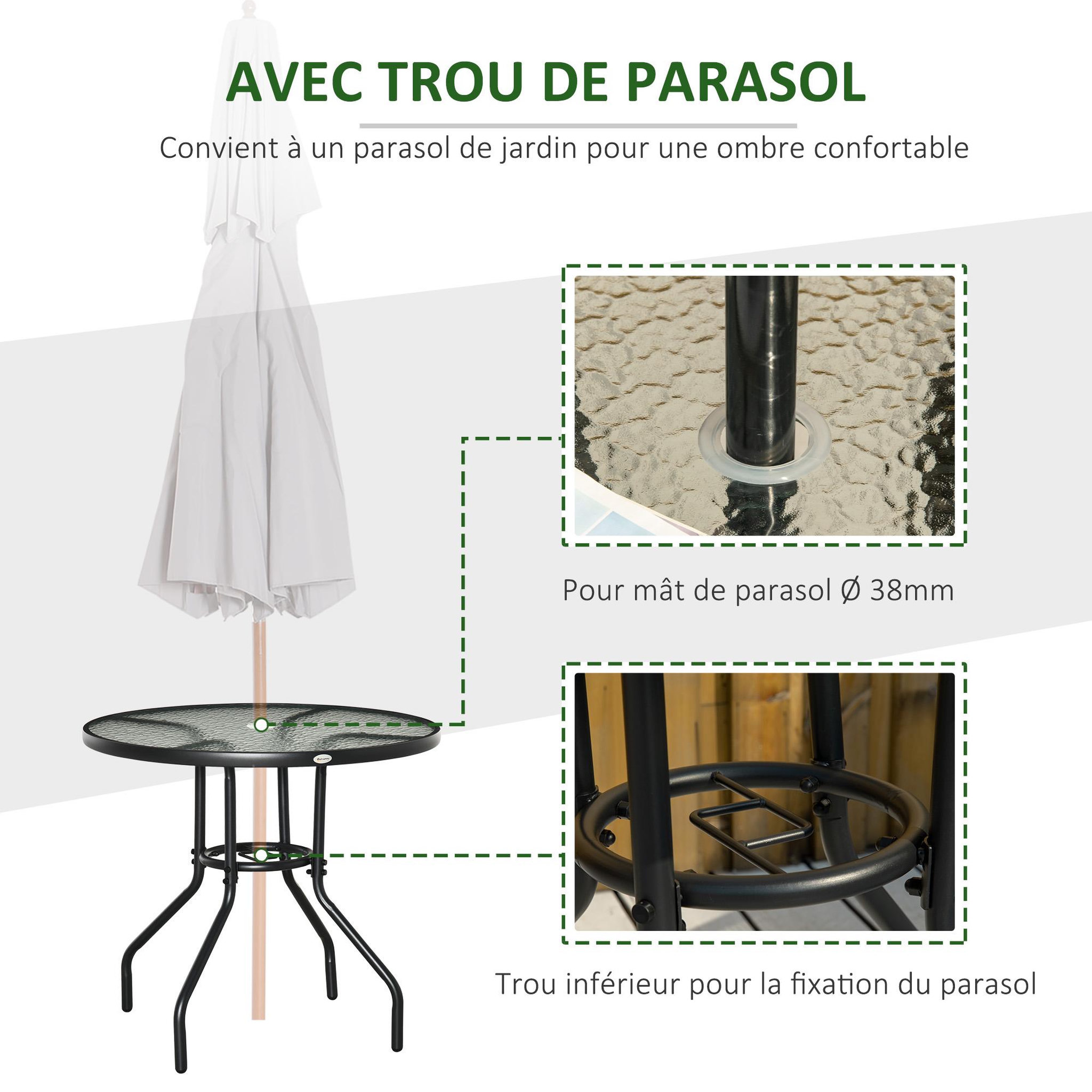Voir la diapositive 5 : OUTSUNNY Table de jardin ronde dia. 80 x 72H cm - espace central parasol - métal noir plateau verre trempé texturé