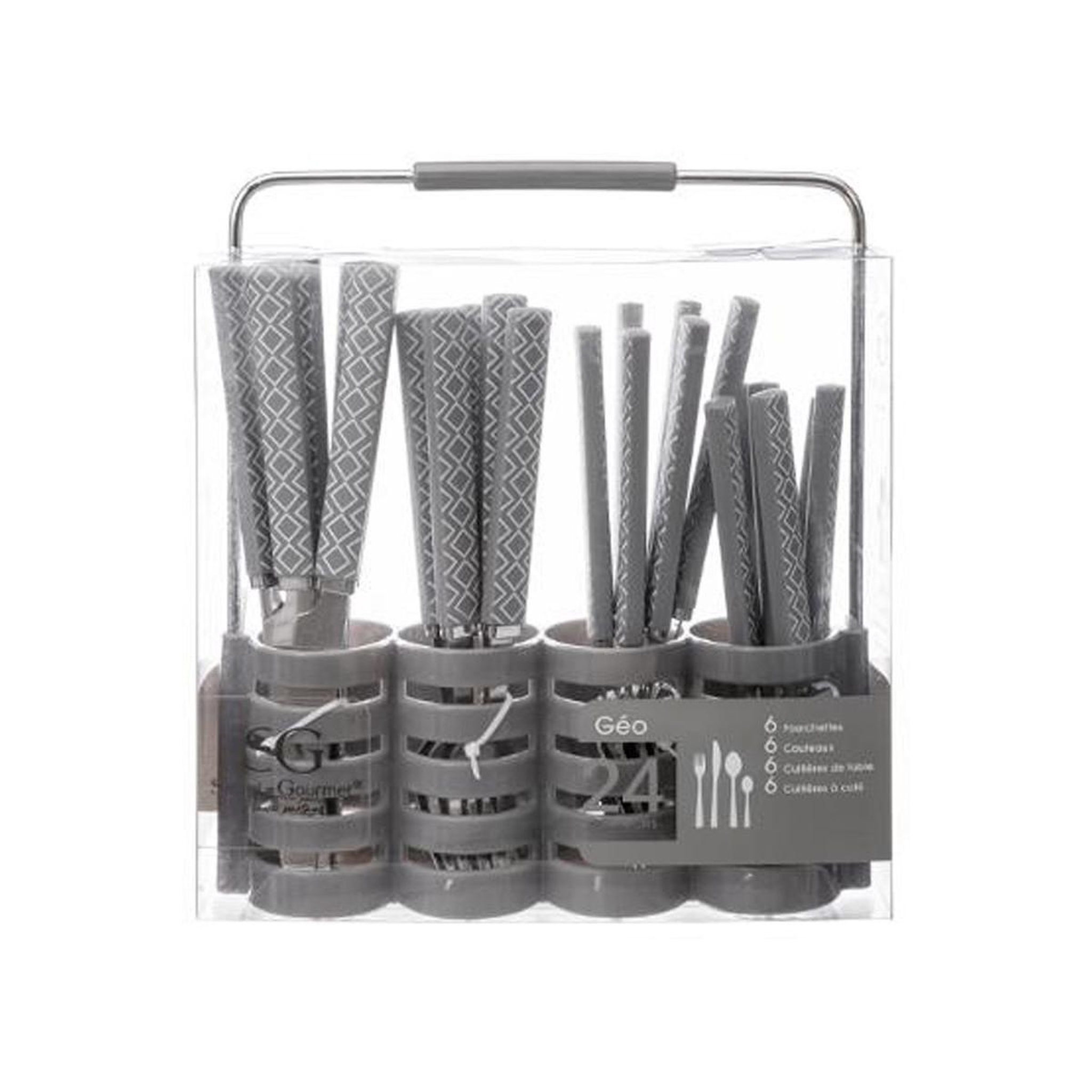 Voir la diapositive 2 : SECRET DE GOURMET Ménagère 24 pièces avec rack  géo  24cm gris