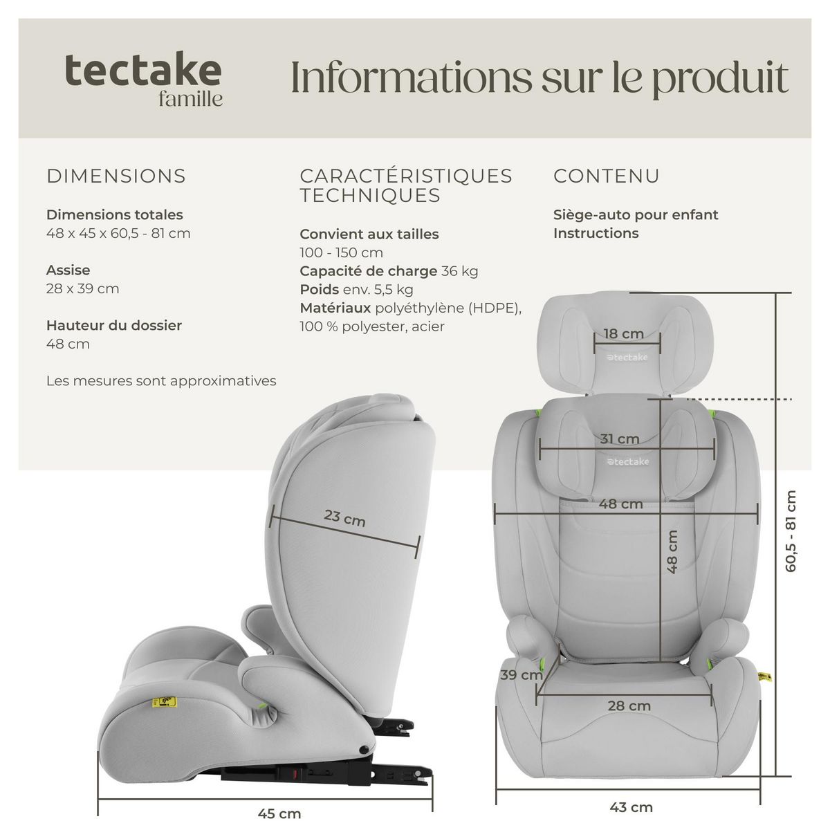 tectake Siège auto norme i-size et base isofix avec protection contre les chocs latéraux gris clair