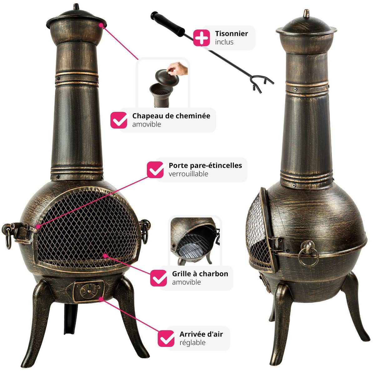 tectake Brasero en fonte avec grille anti-étincelles gris