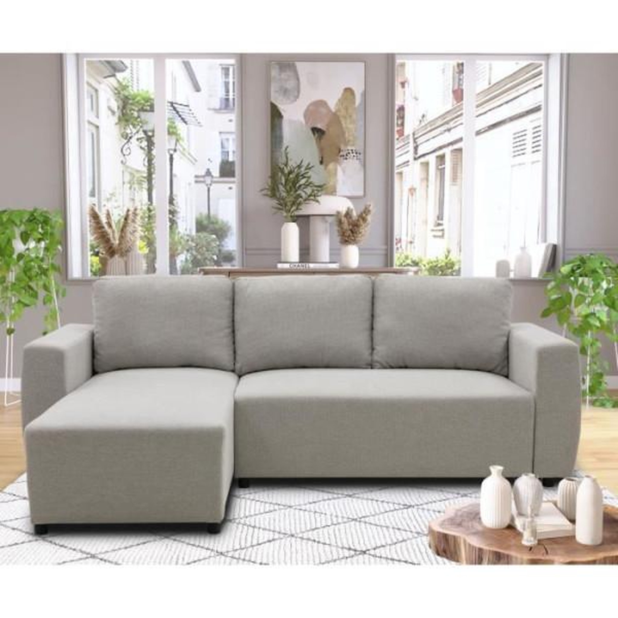 Voir la diapositive 2 : MARKET24 Canapé d'angle convertible réversible 3 a 4 places - PHARELL - Tissu beige - Coffre de rangement - L 224 x P 155 x H 85 cm