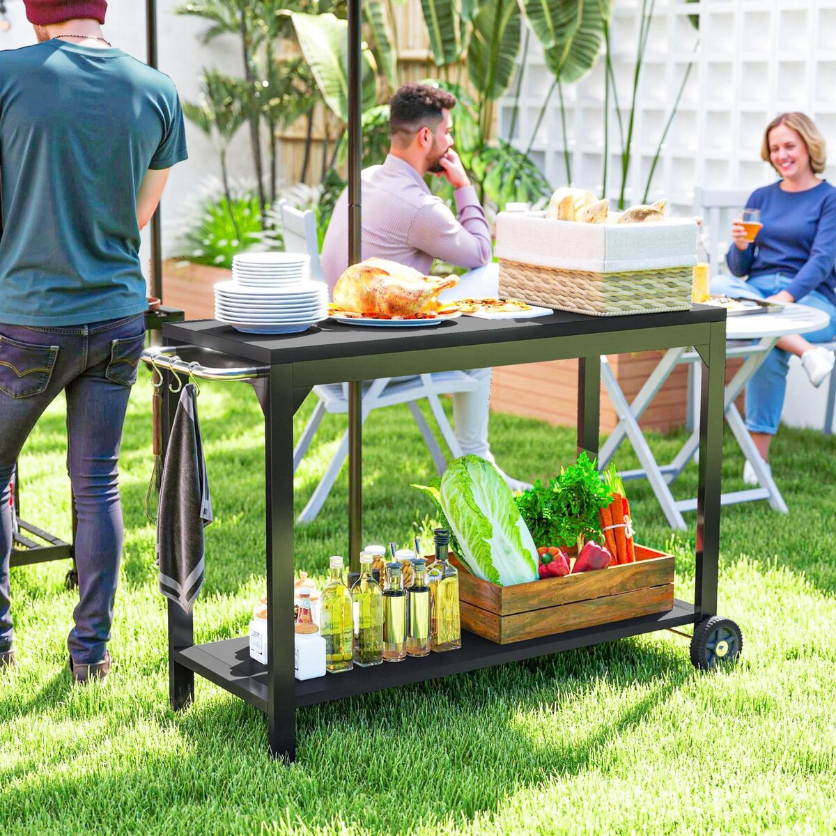 HOMCOM Desserte de jardin - desserte pour plancha - chariot de service à roulettes multi-rangements acier noir