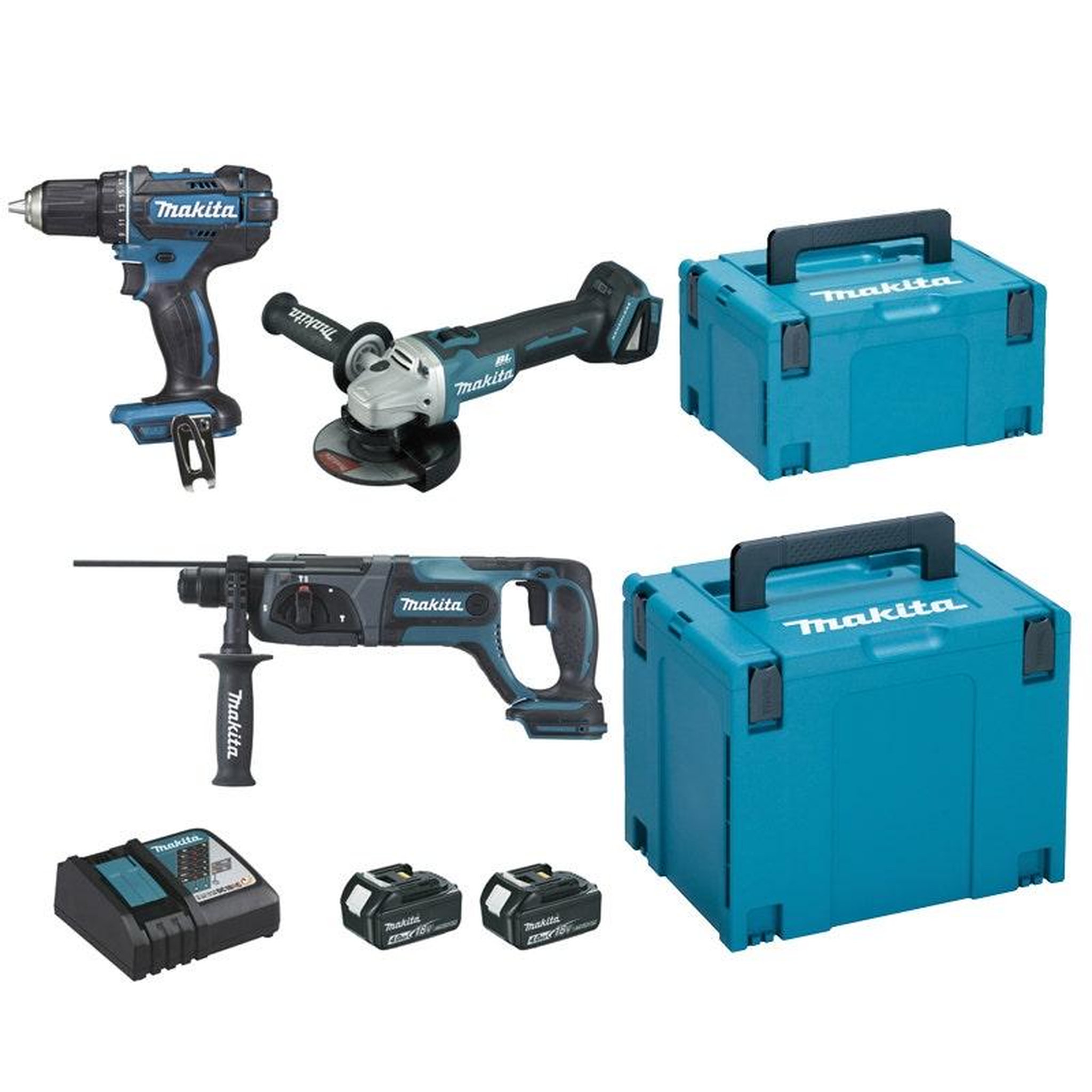 MAKITA Pack 3 outils 18v 4ah : perceuse-visseuse + meuleuse + perfo-burineur sds-plus + chargeur + 2 batteries 4ah +  2 coffrets