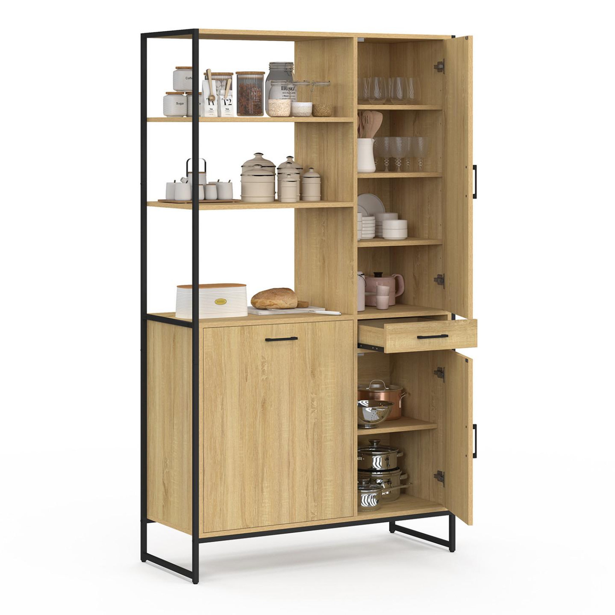 Voir la diapositive 4 : ID MARKET Buffet de cuisine avec colonne de rangement 100 cm detroit 3 portes + tiroir design industriel