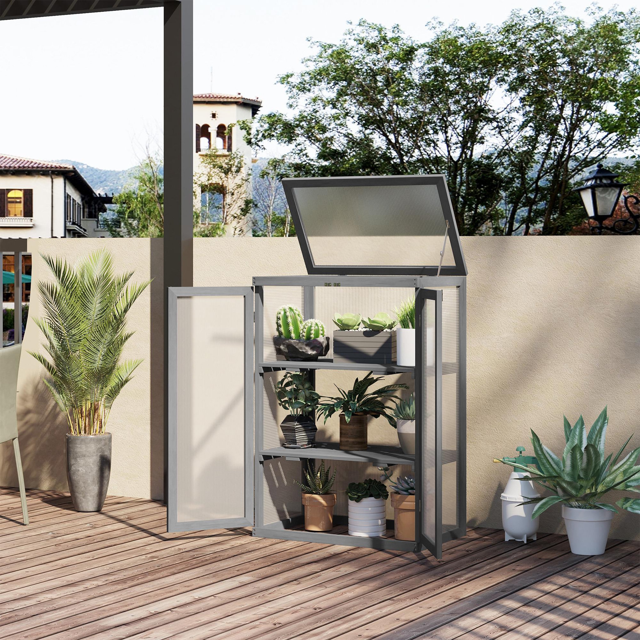Voir la diapositive 2 : OUTSUNNY Mini serre de jardin 3 niveaux dim. 76L x 47l x 110H cm double porte toit ouvrant bois sapin lasuré gris polycarbonate