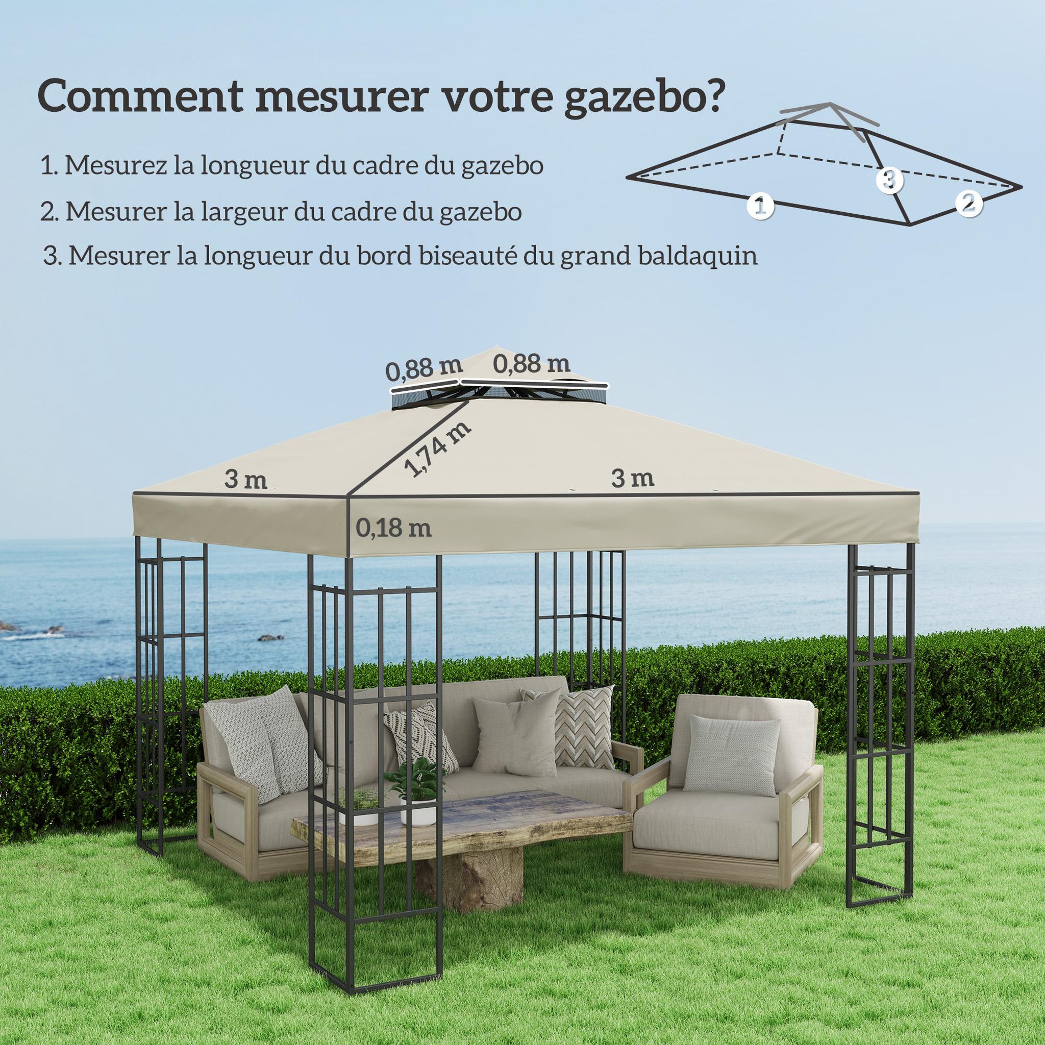 Voir la diapositive 3 : OUTSUNNY Toile de rechange barnum tonnelle 3 x 3 m - toit double avec œillets drainage - polyester haute densité 370 g/m² beige