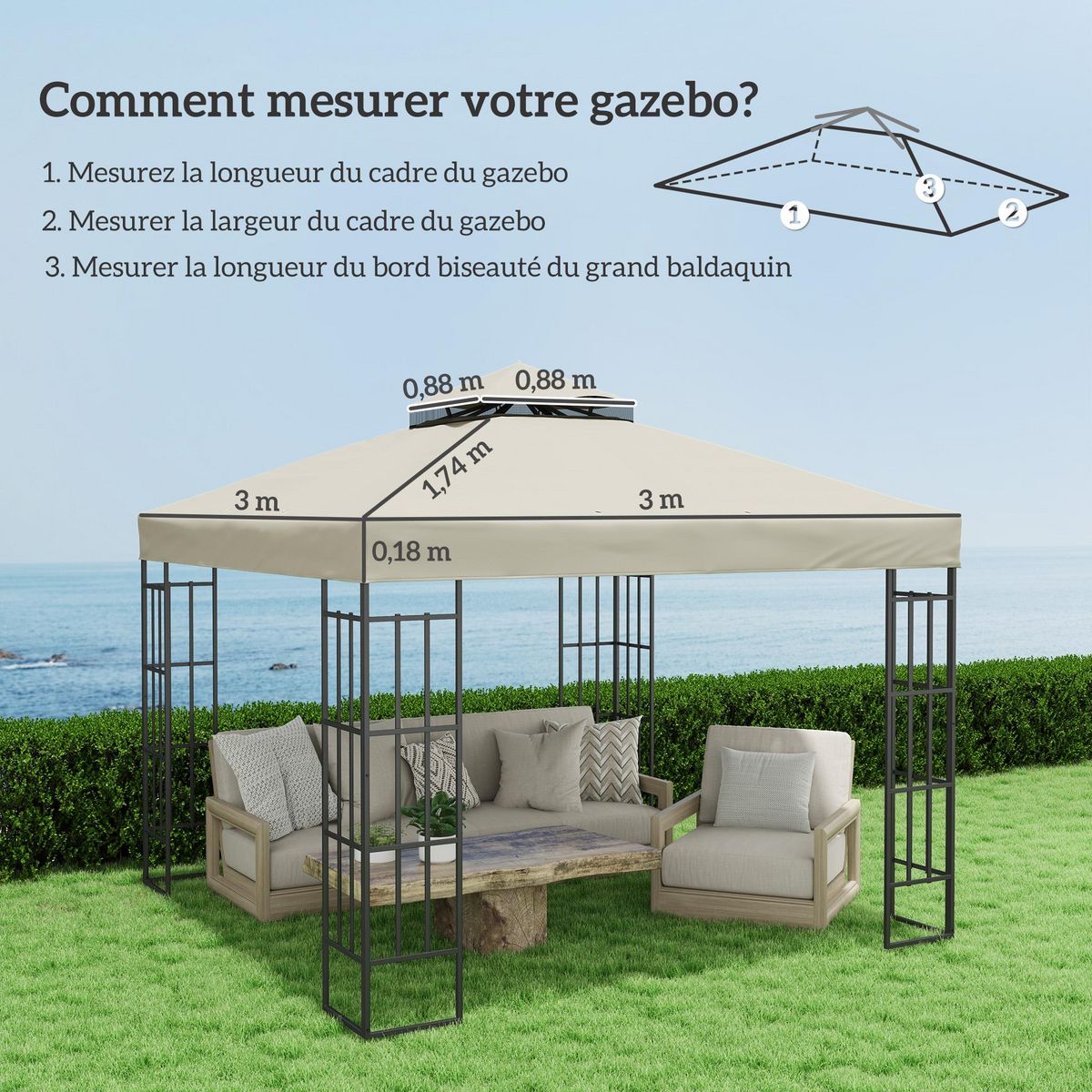 OUTSUNNY Toile de rechange barnum tonnelle 3 x 3 m - toit double avec œillets drainage - polyester haute densité 370 g/m² beige