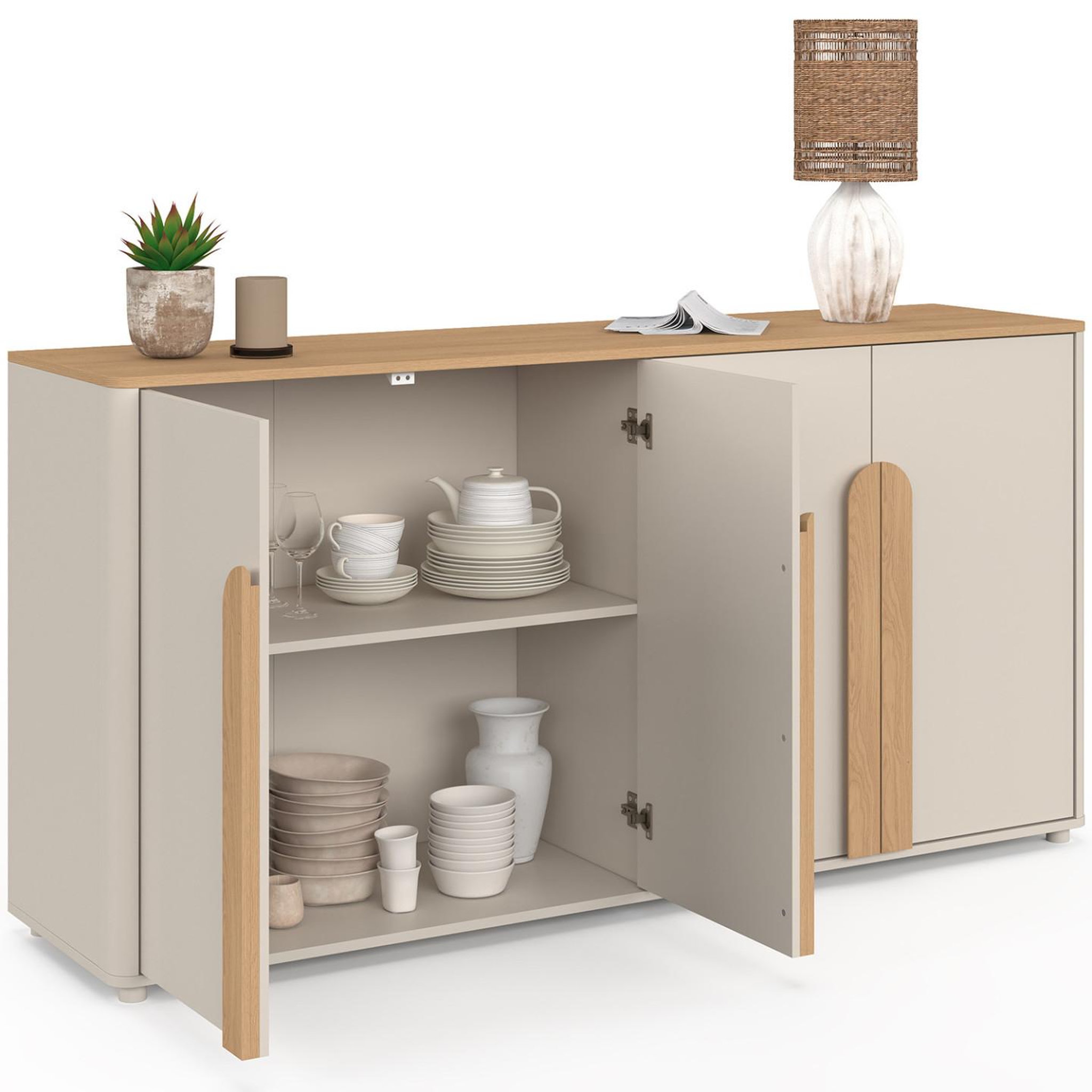 Voir la diapositive 4 : ID MARKET Buffet 160 cm tirana 4 portes avec grandes poignées beige et bois clair