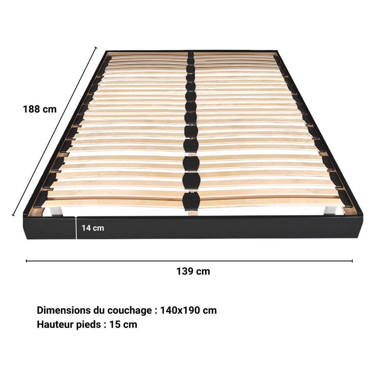 Sommier cadre à lattes sur pieds 140x190 cm 2x24 lattes  ASCQ