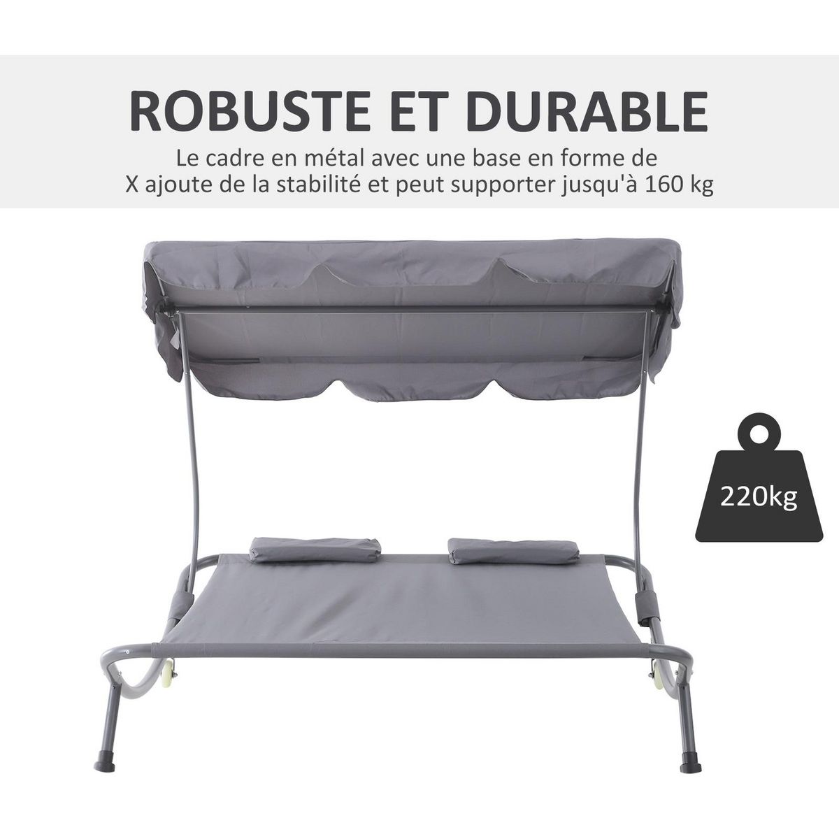 OUTSUNNY Bain de soleil 2 places lit de jardin design contemporain toit réglable 2 roulettes 2 oreillers acier époxy polyester gris