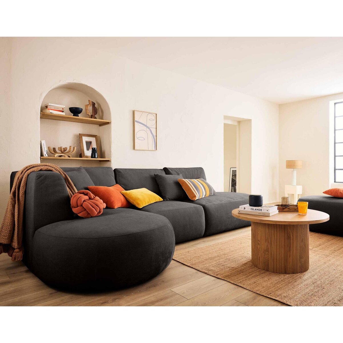 LISA DESIGN Santorini - canapé modulable d'angle gauche + pouf - 5 places - en tissu texturé