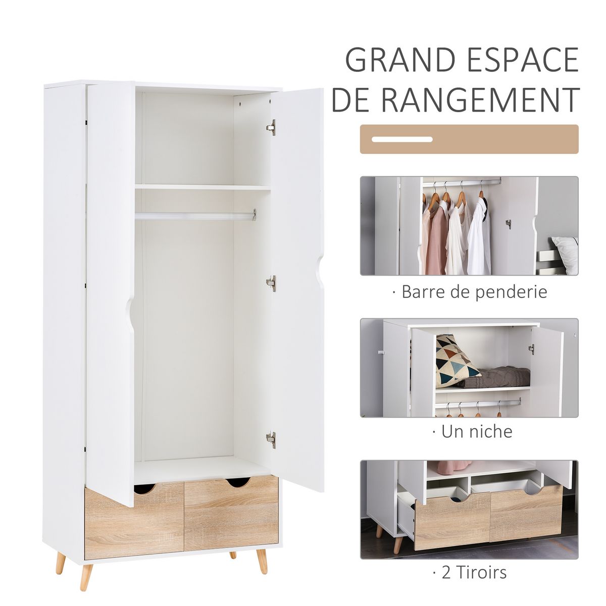 HOMCOM Armoire de rangement design scandinave - armoire de chambre - placard 2 portes avec penderie et étagère - 2 tiroirs coulissants - panneaux particules blanc chêne clair