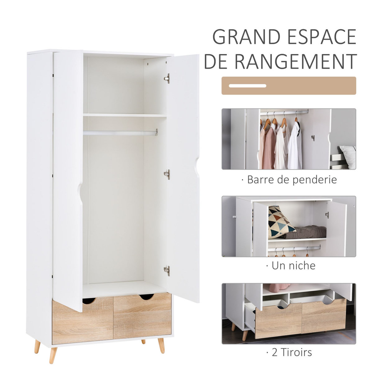 HOMCOM Armoire de rangement design scandinave - armoire de chambre - placard 2 portes avec penderie et étagère - 2 tiroirs coulissants - panneaux particules blanc chêne clair