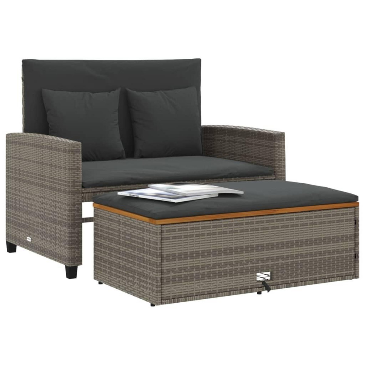 VIDAXL Canape de jardin 2 places coussins gris resine tressee&acacia