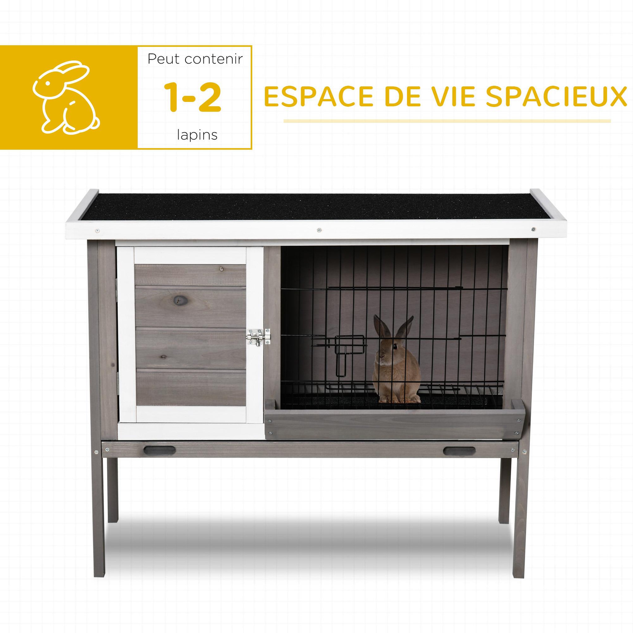 Voir la diapositive 3 : PAWHUT Clapier sur pied - 2 portes, toit bitumé ouvrant, plateau coulissant - acier bois gris blanc noir