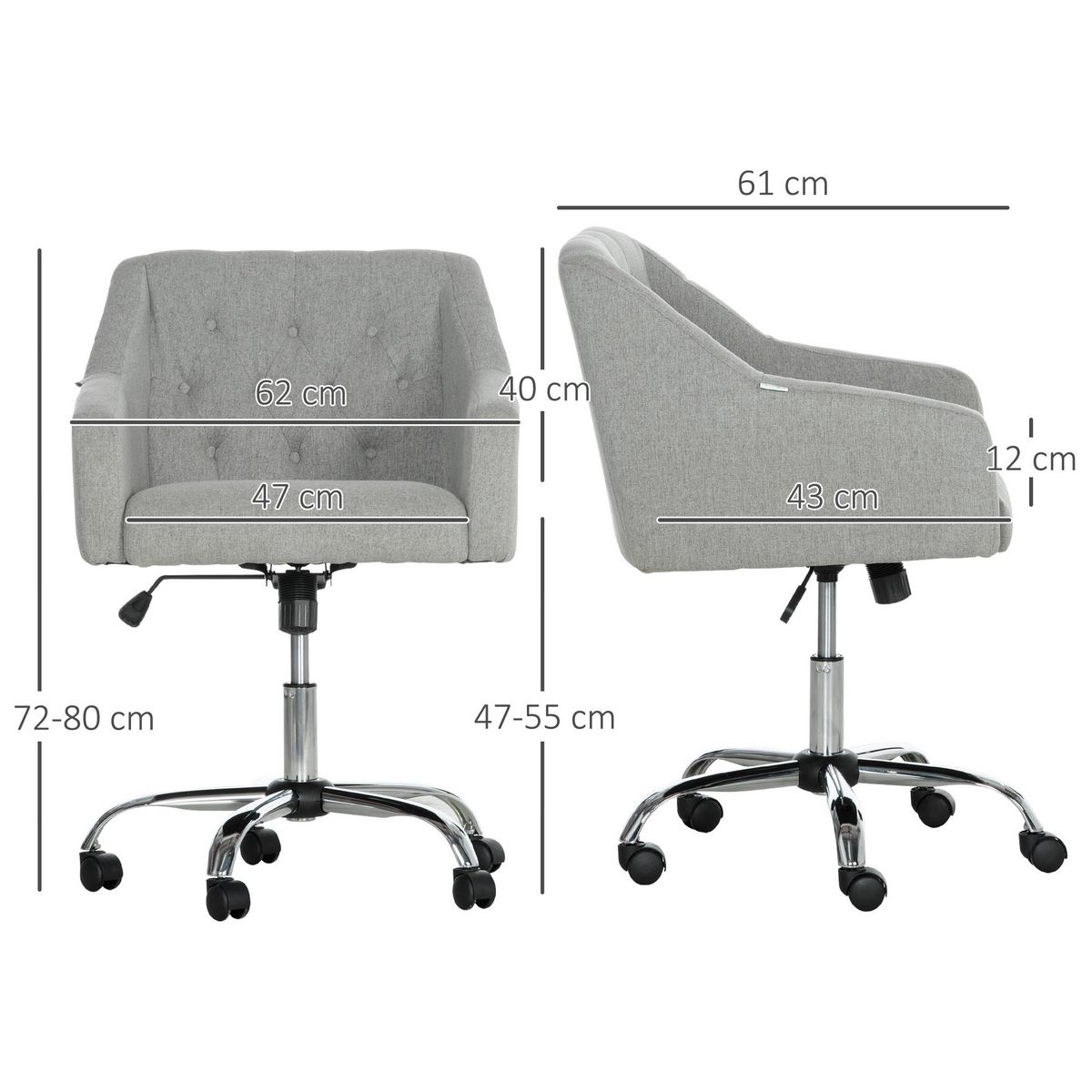 VINSETTO Chaise de bureau design Chesterfield capitonné hauteur réglable pivotant 360° fonction bascule piètement chromé tissu gris