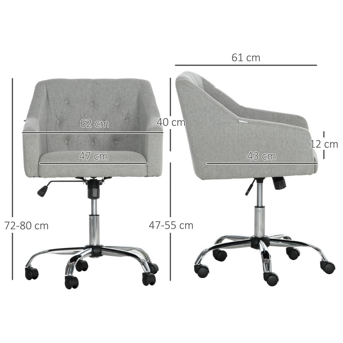 VINSETTO Chaise de bureau design Chesterfield capitonné hauteur réglable pivotant 360° fonction bascule piètement chromé tissu gris