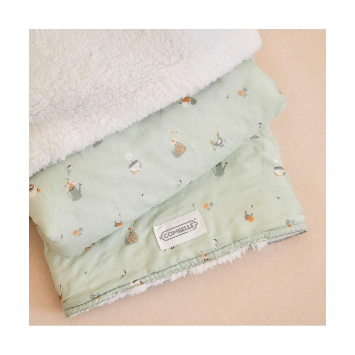 COMBELLE Couverture réversible en coton bio et sherpa - Promenade Bucolique en vert