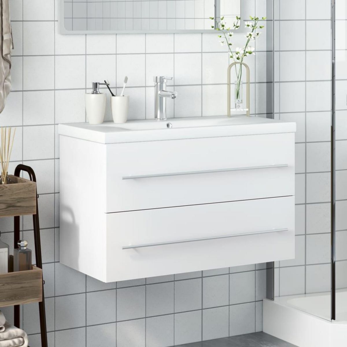 VIDAXL Armoire lavabo de salle de bain avec bassin integre blanc