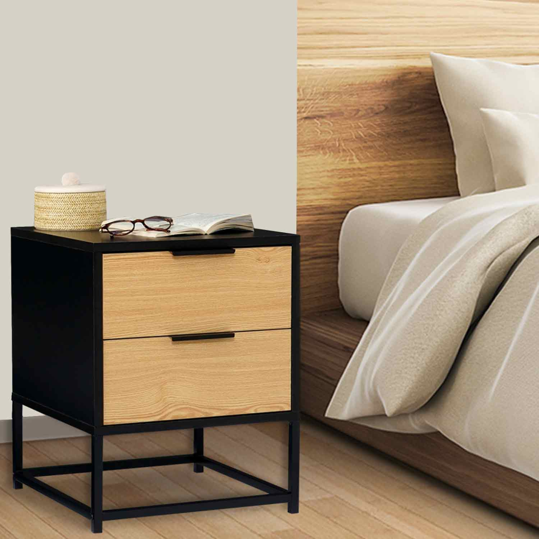 Voir la diapositive 2 : ID MARKET Lot de 2 tables de chevet NEVADA 2 tiroirs noir et bois design industriel