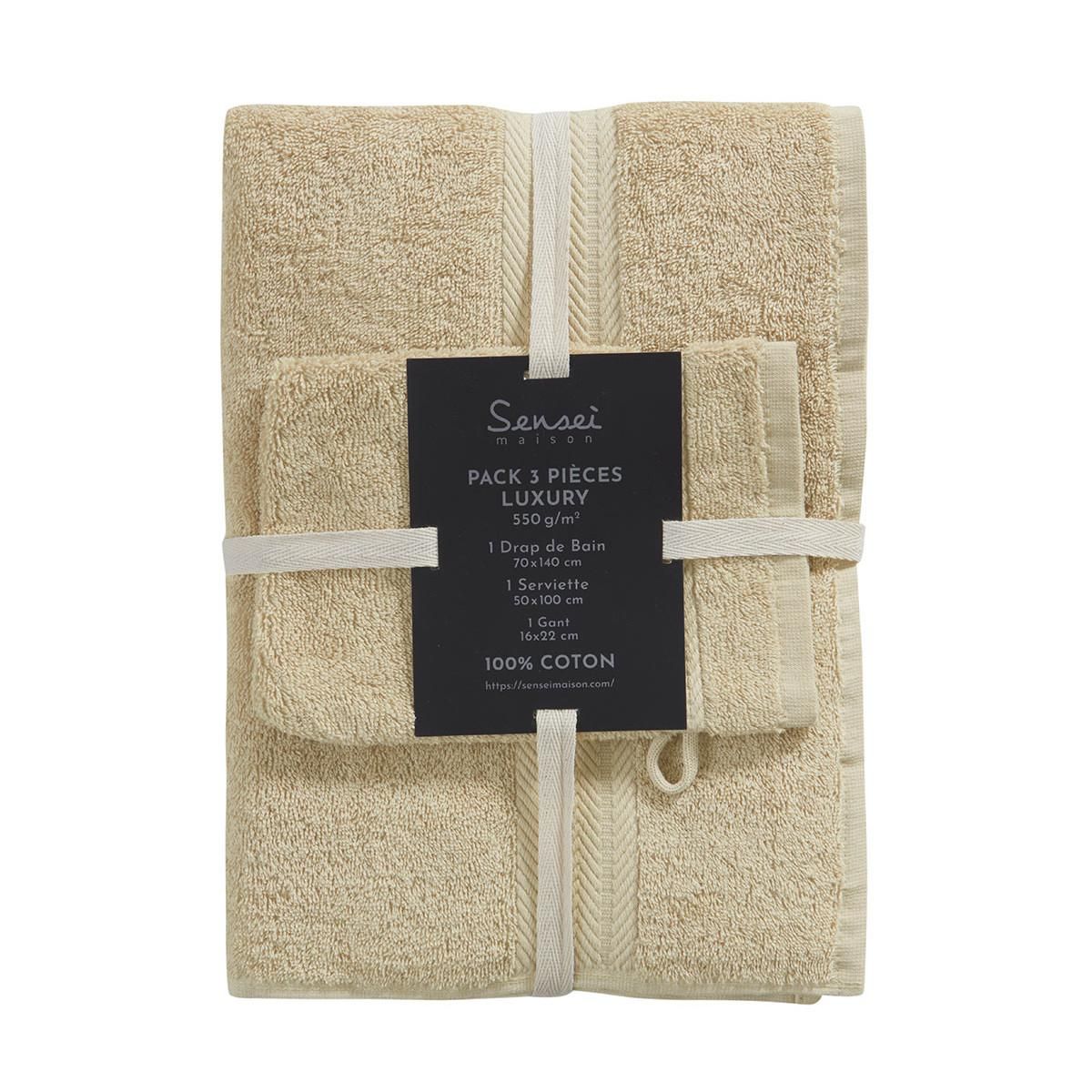 Sensei Maison Ensemble de bain 3 pièces (1 drap de bain + 1 serviette de toilette + 1 gant) LUXURY