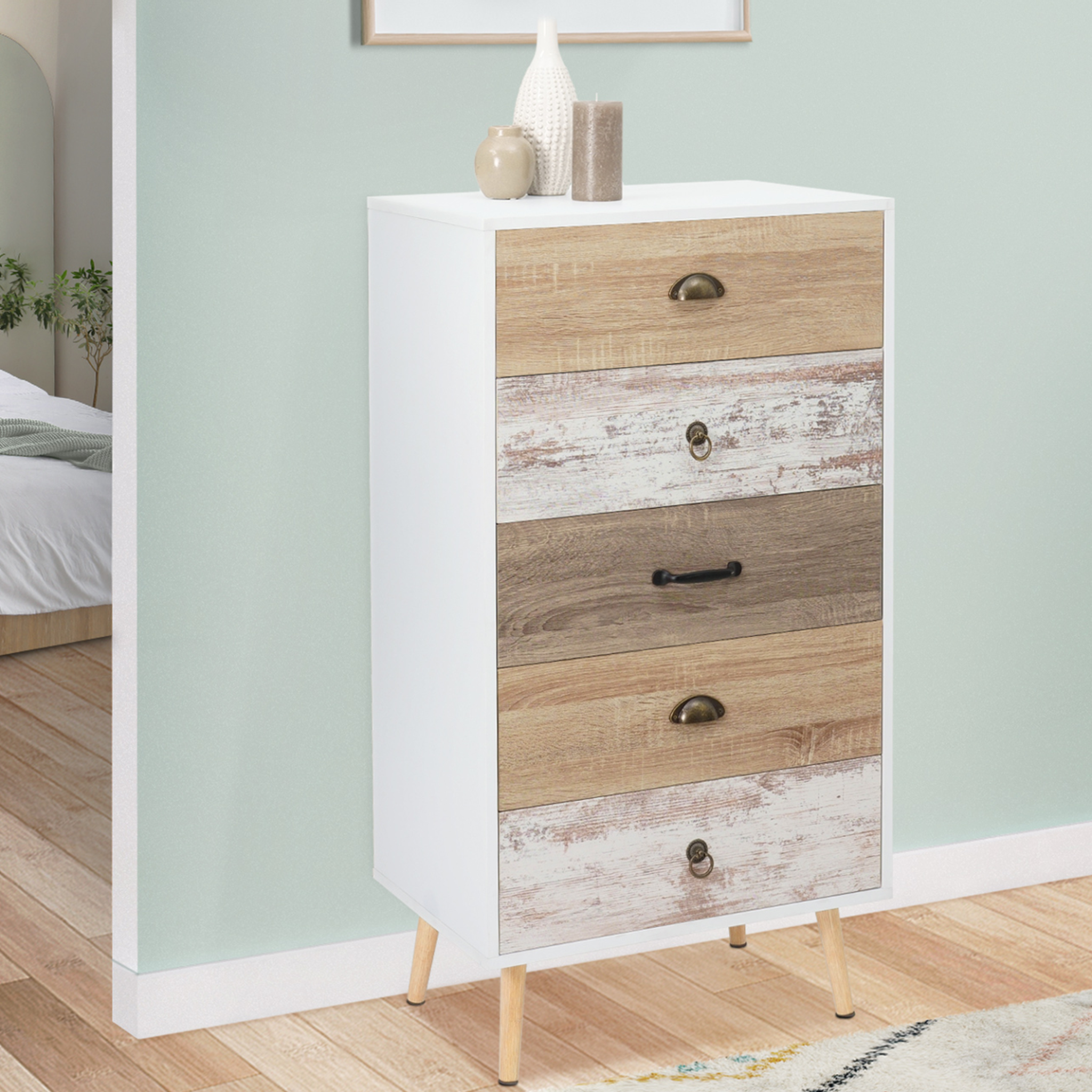 Voir la diapositive 2 : ID MARKET Chiffonnier 5 tiroirs bahia 60x40x110 cm commode semainier design scandinave