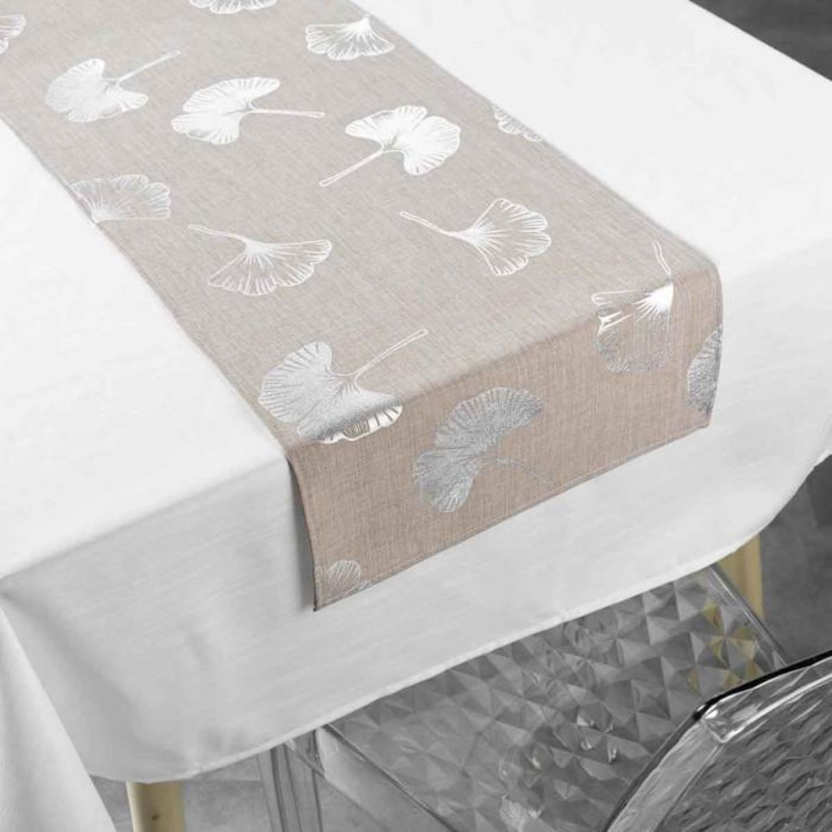 Paris Prix Nappe & Chemin de Table  Euphoria  140x250cm Blanc & Noisette