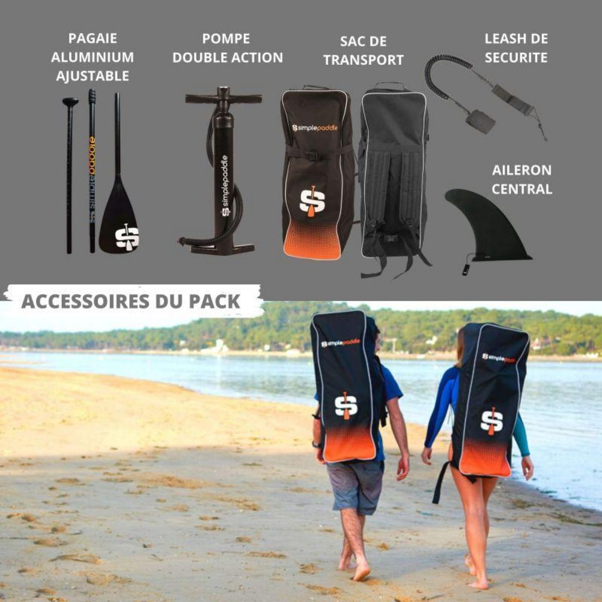 SIMPLE PADDLE Paddle Gonflable UGAL 10'6 30'' 6  (315 x 76 x 15 cm) avec Pagaie, Leash, Pompe et Sac de Transport