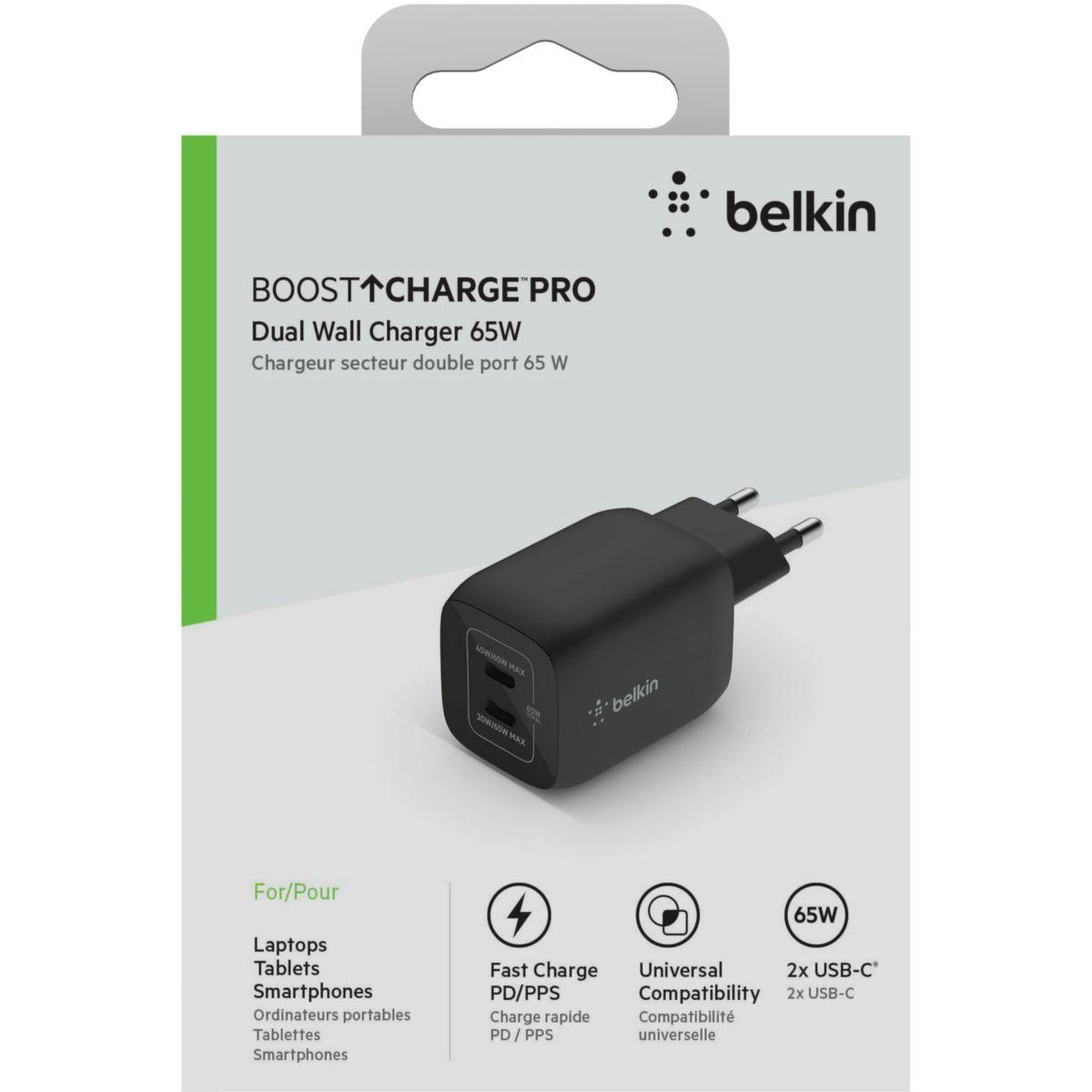 Voir la diapositive 3 : Belkin Chargeur ordinateur portable USB C x2 65W GaN PPS Noir