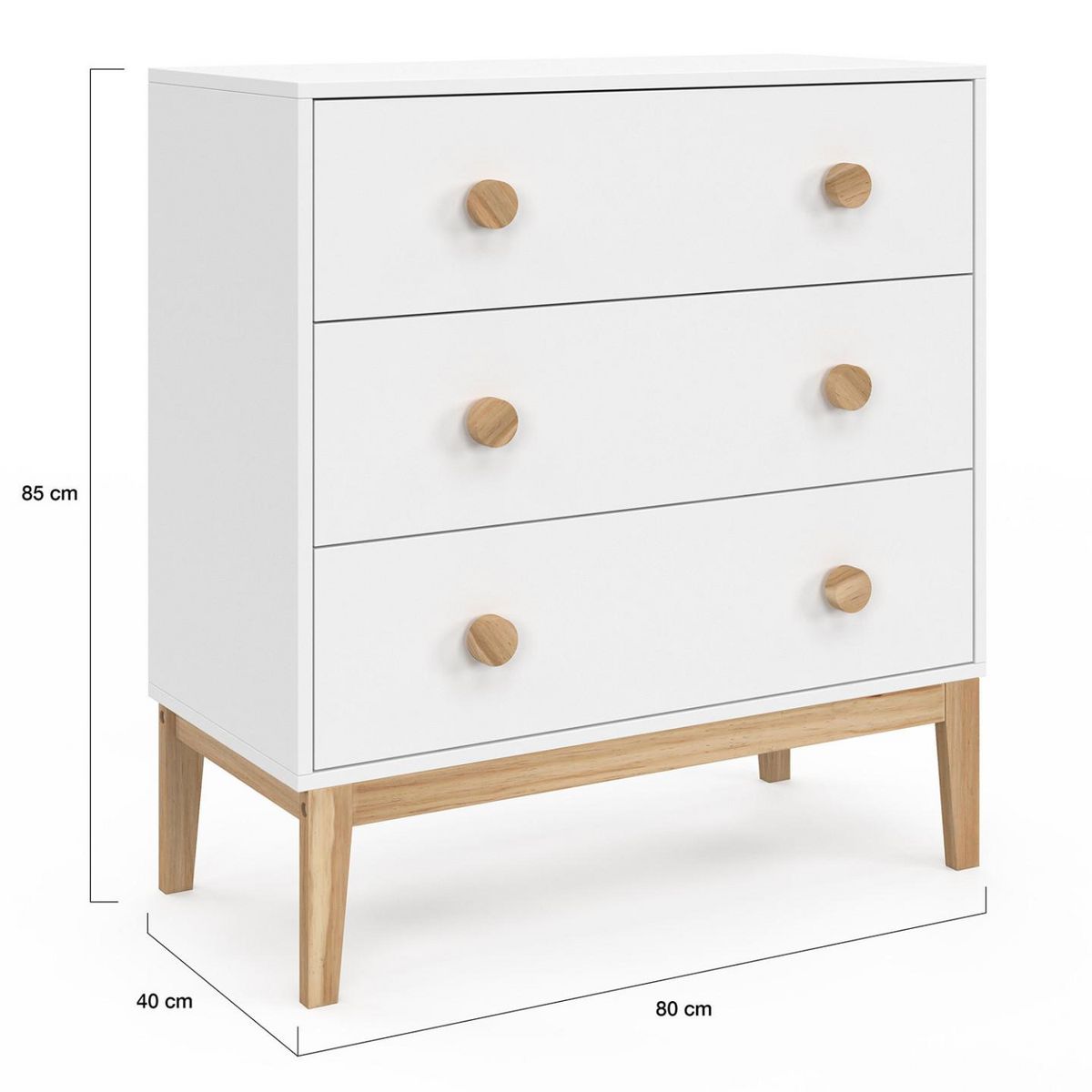 ID MARKET Commode enfant 3 tiroirs JACOB 80 cm blanc et bois